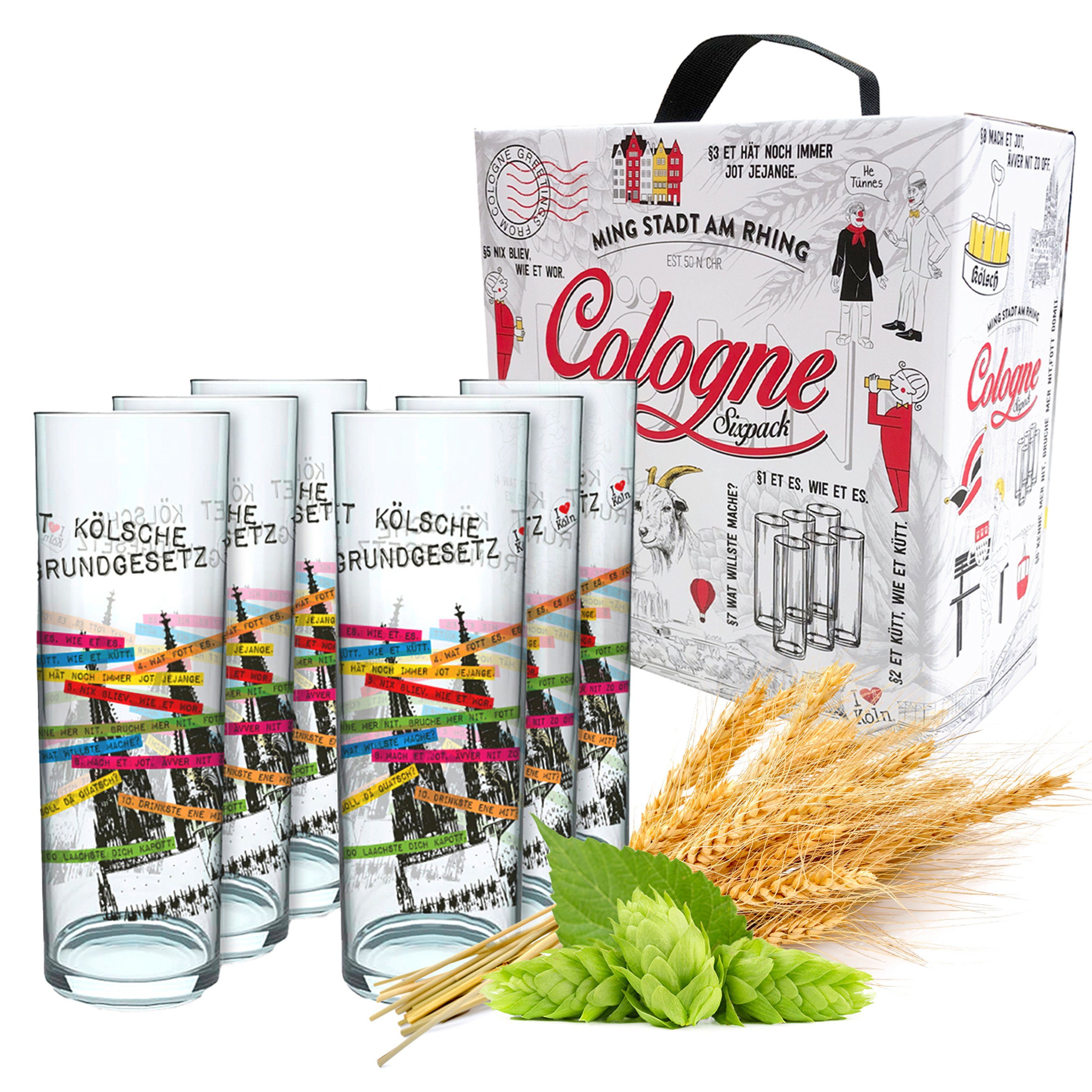 Bierglas 3forCologne Kölschglas 6er Pack bunt 0,2ml, Kölner Stangen mit Grundgesetz, Biergläser Gläser Trinkgläser mit Aufdruck. (MADE IN GERMANY)