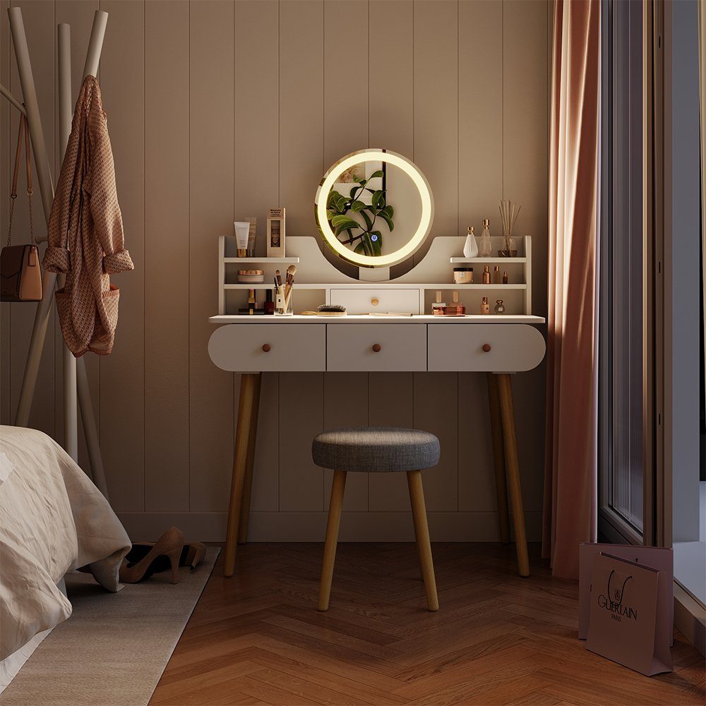 Vicco Schminktisch Edda, Weiß, 100 cm mit LED-Spiegel und Hocker günstig online kaufen