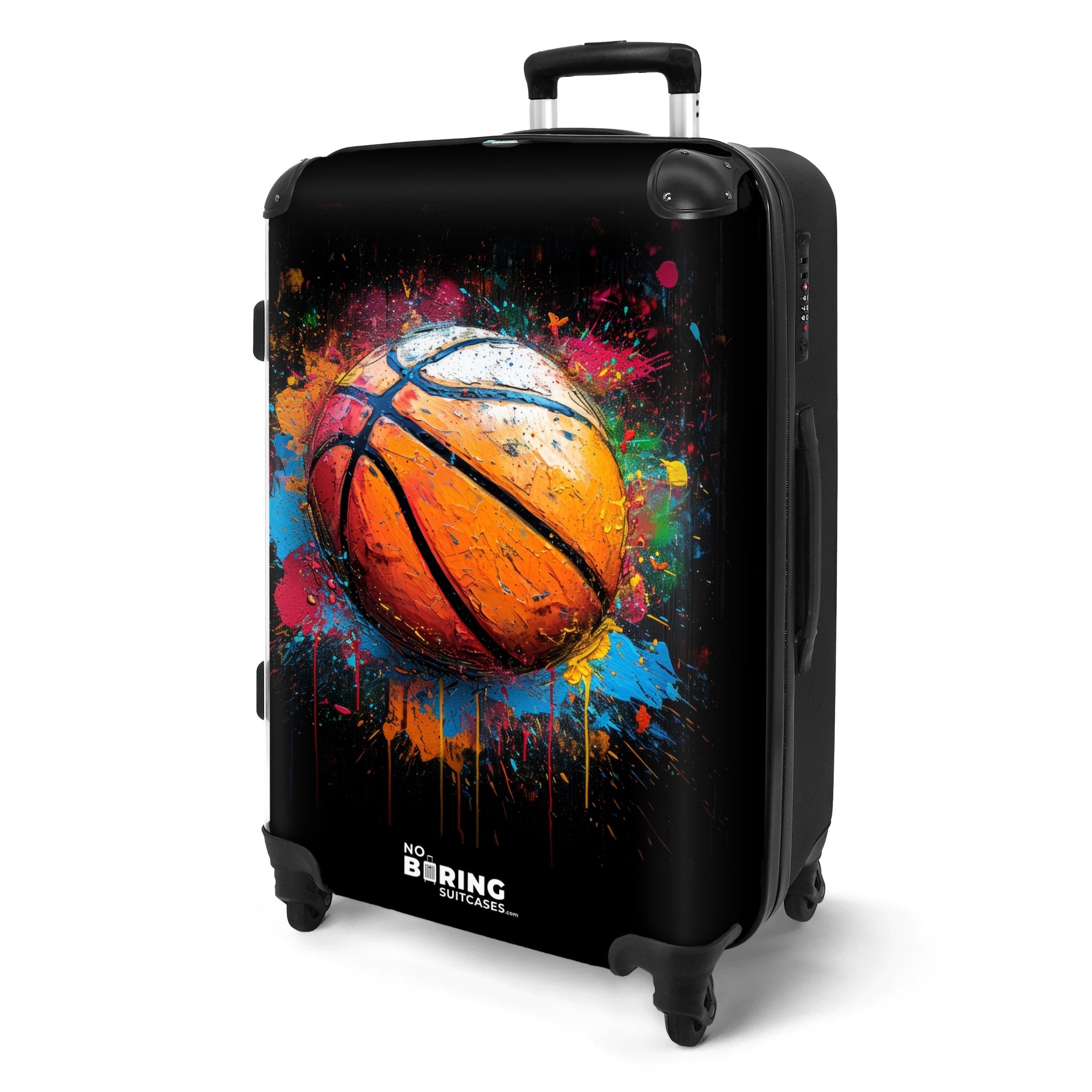 NoBoringSuitcases.com© Kinderkoffer mit leuchtende Räder - Orangefarbener Basketball inmitten von Farbspri, 4 Rollen, Koffer Mittelgroß für 20kg, Suitcase für Erwachsene, Reisekoffer