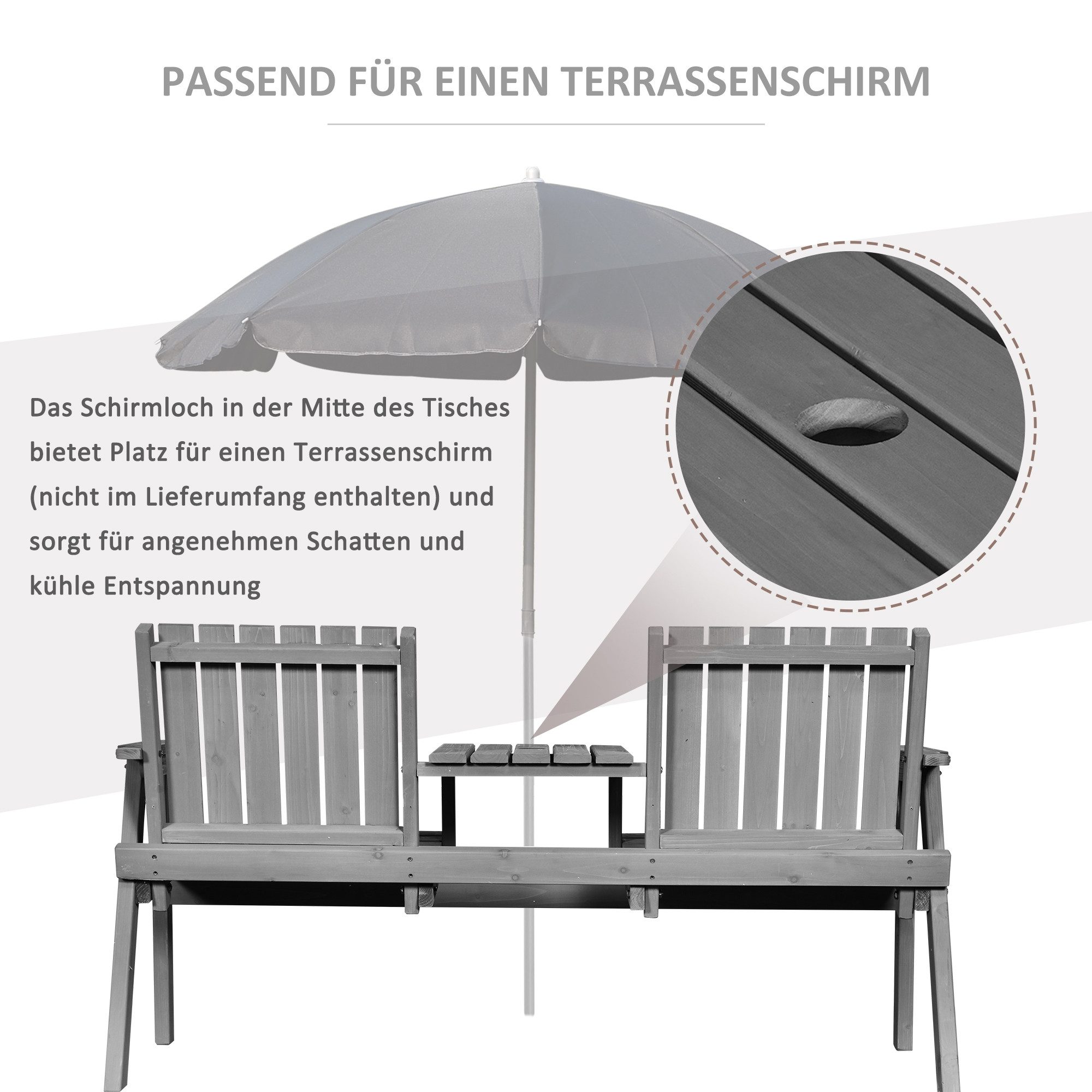MC Star Gartenbank Gartenbank mit Tisch, Sitzgruppe, Gartenmöbel (mit Regenschirmloch, Sitzbank, 2 Stühle, Massivholz, Grau, 152 x 70 x 83 cm)