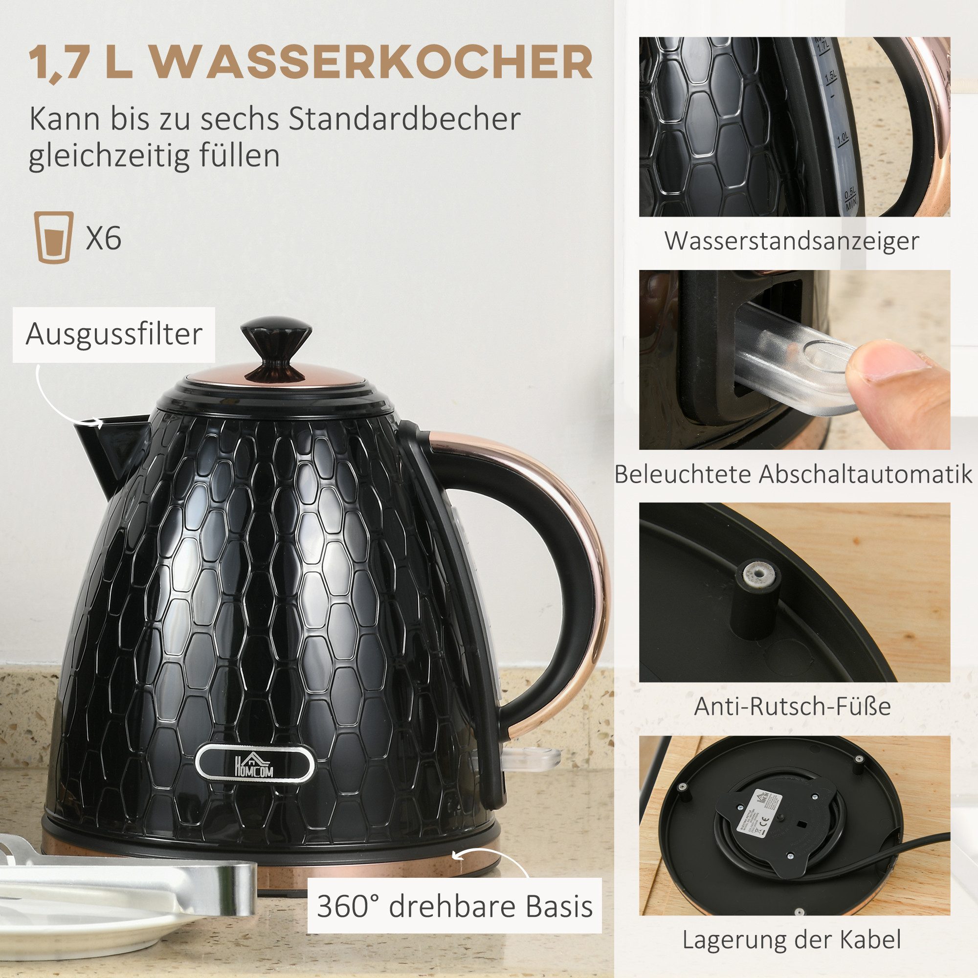 HOMCOM Frühstücks-Set Wasserkocher mit automatischer Abschaltung, 2-Scheiben-Toaster (2-tlg), Set in Schwarz, Schnellkochfunktion – Bild 4 von 5