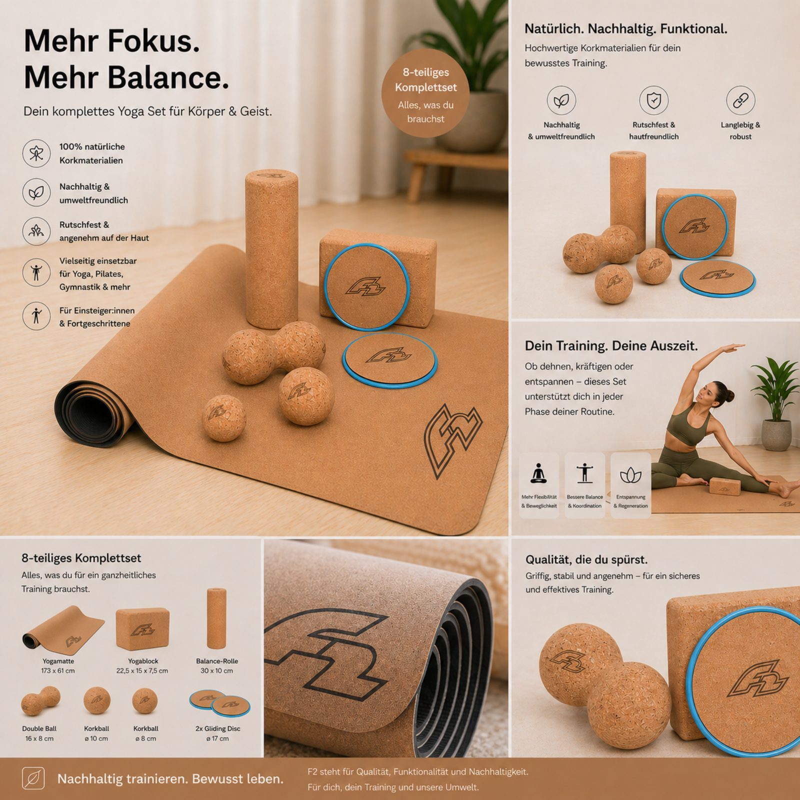 F2 Balanceboard F2 The Ultimate - Yoga Set 8-teilig (Yoga Matte, Korkbälle uvm)