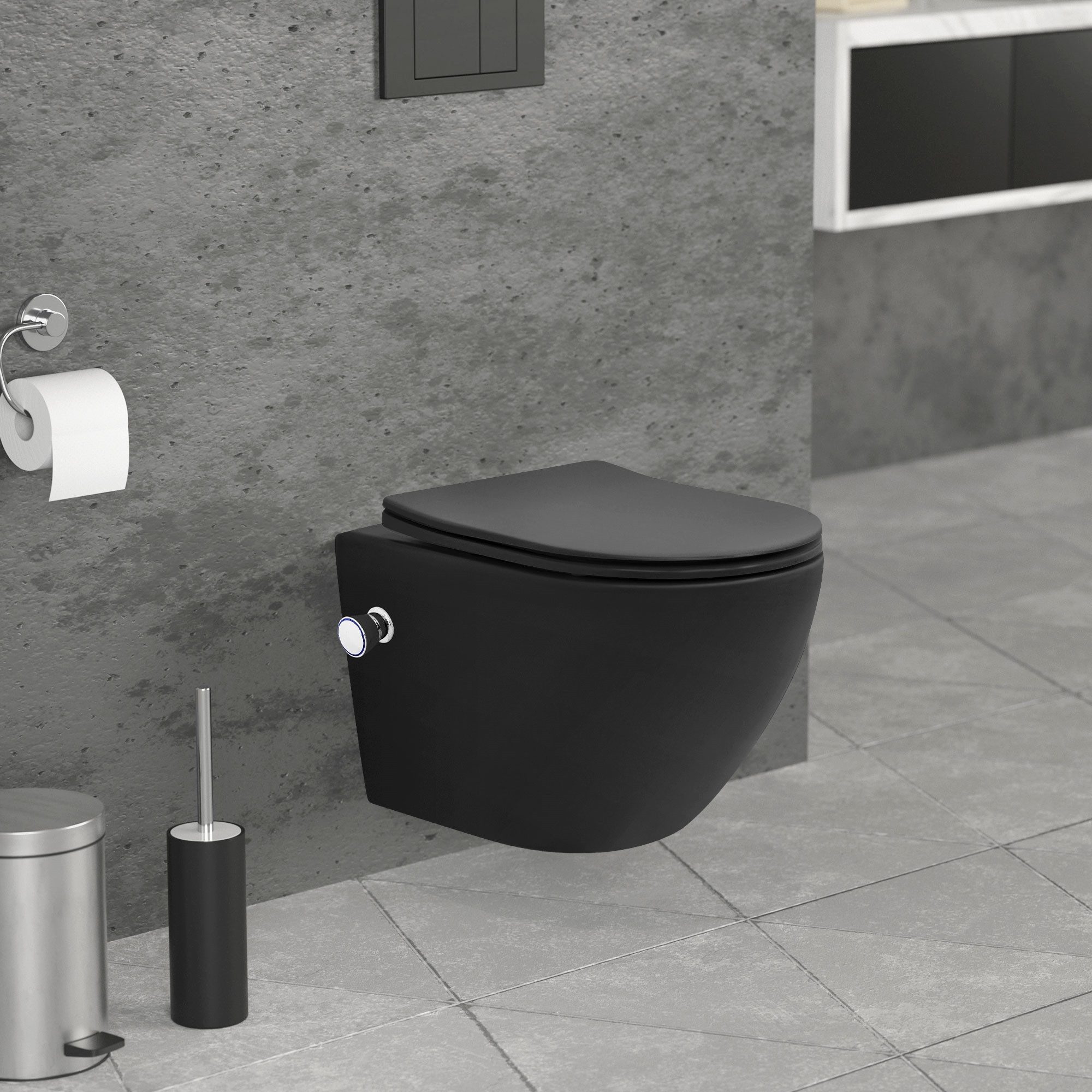 LuxeBath Tiefspül-WC Spülrandloses Wand Hänge WC aus Keramik mit WC-Sitz Absenkautomatik, Toilette kurz Schwarz mit Bidet-Funktion & Nano Beschichtung