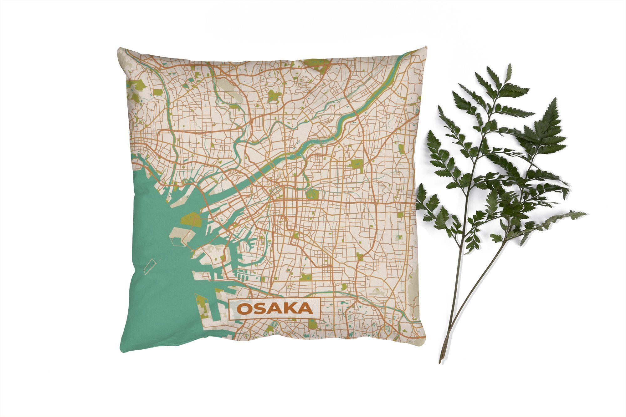 MuchoWow Dekokissen Karte - Osaka - Stadtplan - Vintage - Karte, Zierkissen mit Füllung für Wohzimmer, Schlafzimmer, Deko, Sofakissen
