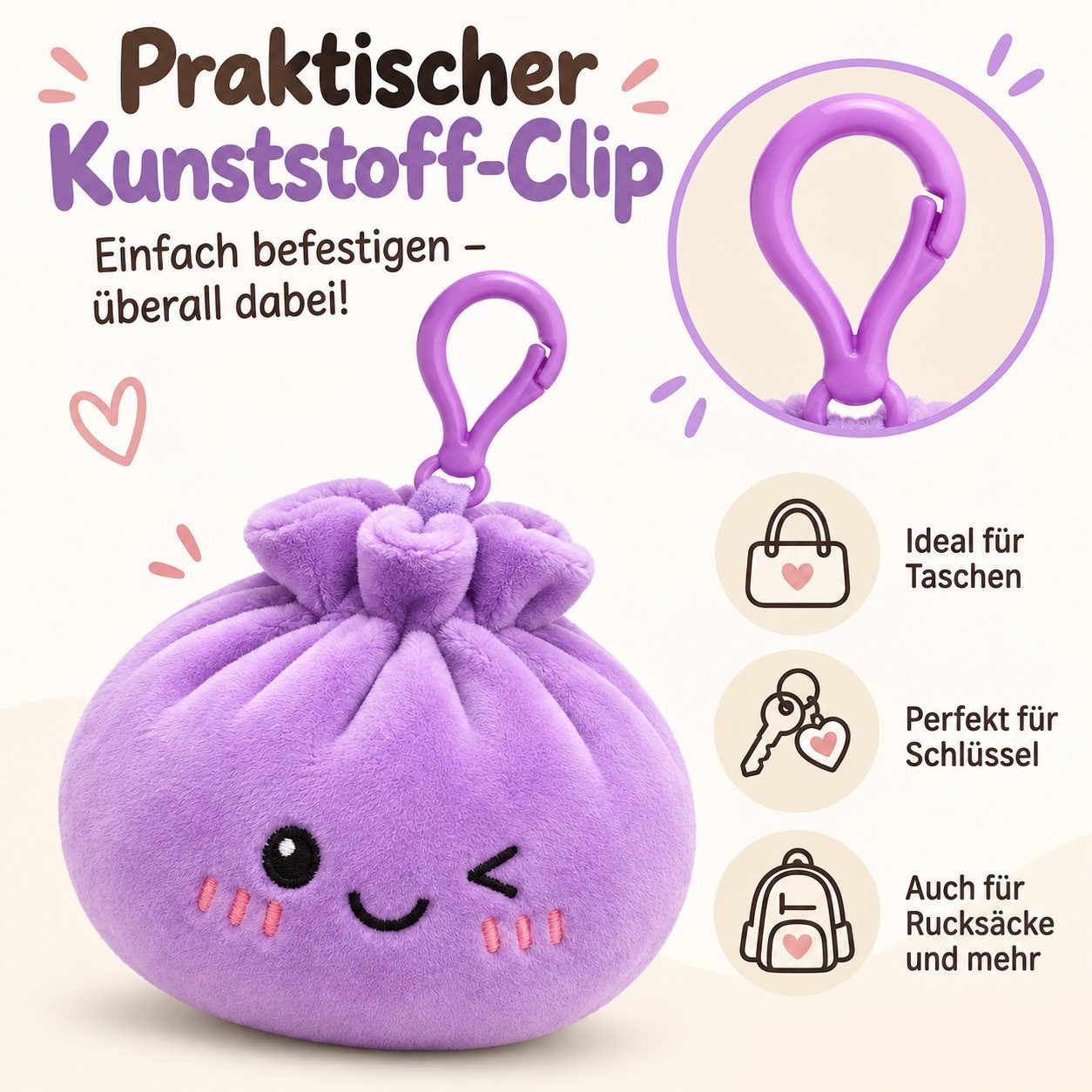 Bert Struis Gepäckanhänger Kawaii Dumpling Bagclip Taschenanhänger Schlüsselanhänger 12cm lila (Set, 1-St., Geschenk-Set) Plüschanhänger mit niedlichem Kawaii-G – Bild 4 von 5