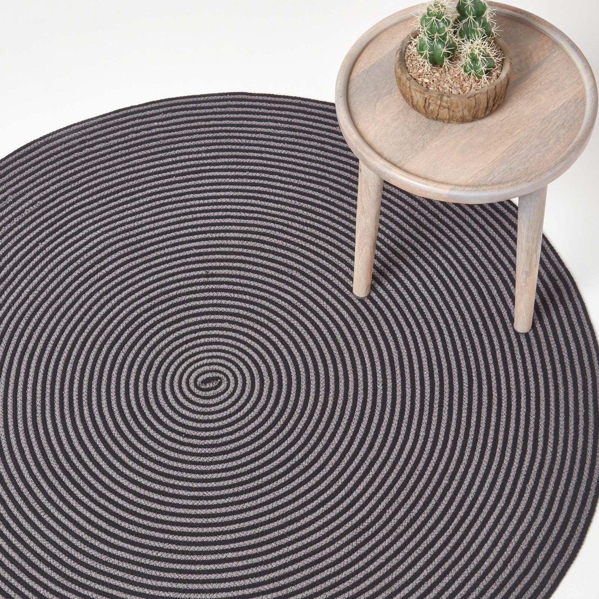 Teppich Geflochtener runder Teppich, grau-schwarz mit Spiral-Muster, 150 cm, Homescapes, Höhe: 20 mm