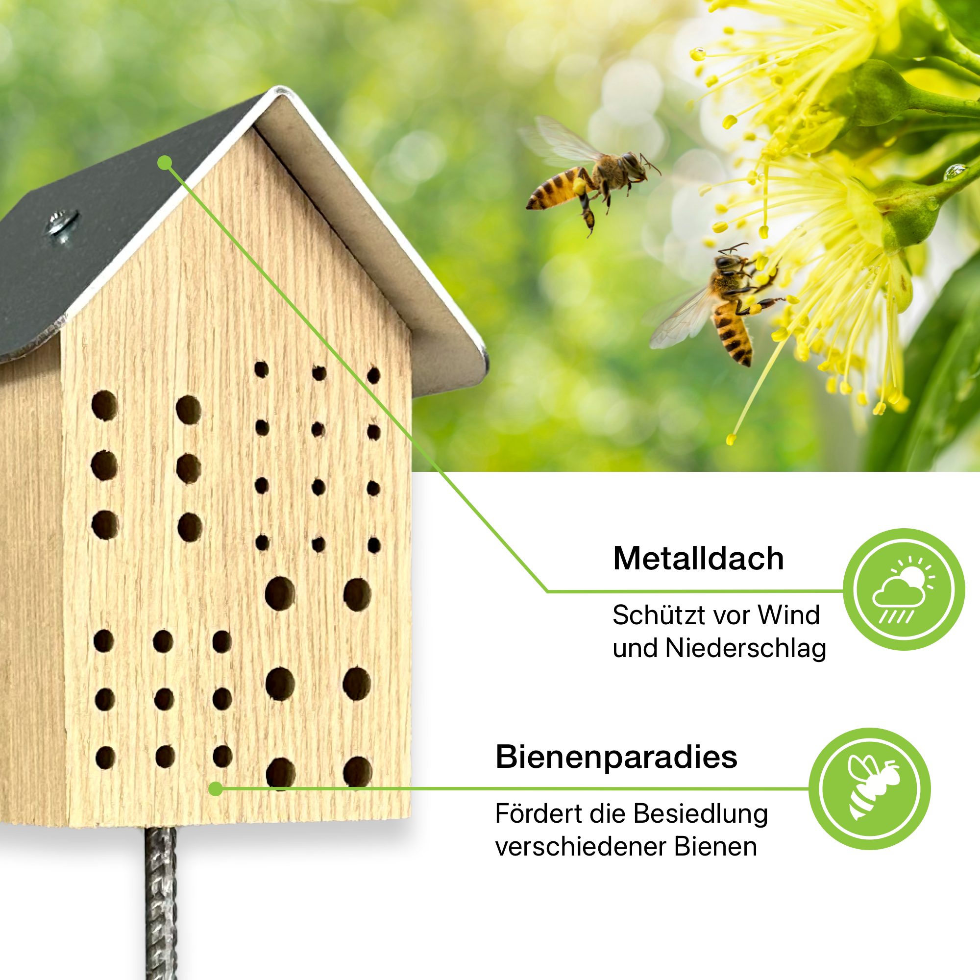 gartenetage Insektenhotel Wildbienenhotel mit Metalldach, Naturbelassenes, massives Insektenhaus/Nisthilfe & Artenschutz