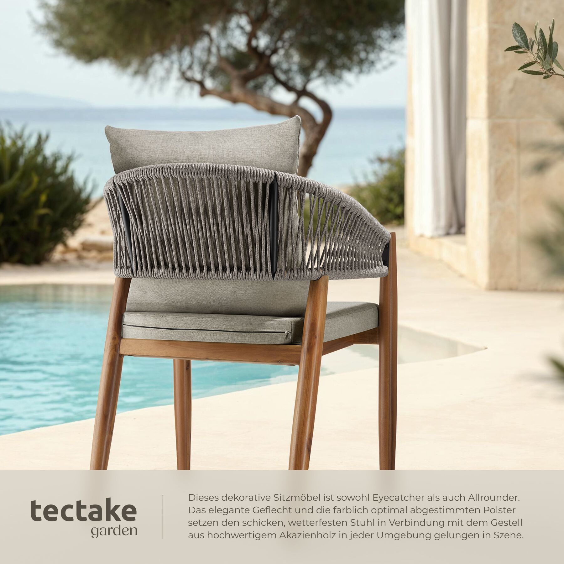 tectake Gartenstuhl Outdoor-Sessel aus Akazienholz, wetterfest, Rope-Design (Outdoor Stuhl Manacor, 2 St), höhenverstellbare Kunststofffüße, Belastbarkeit bis 1 – Bild 4 von 5