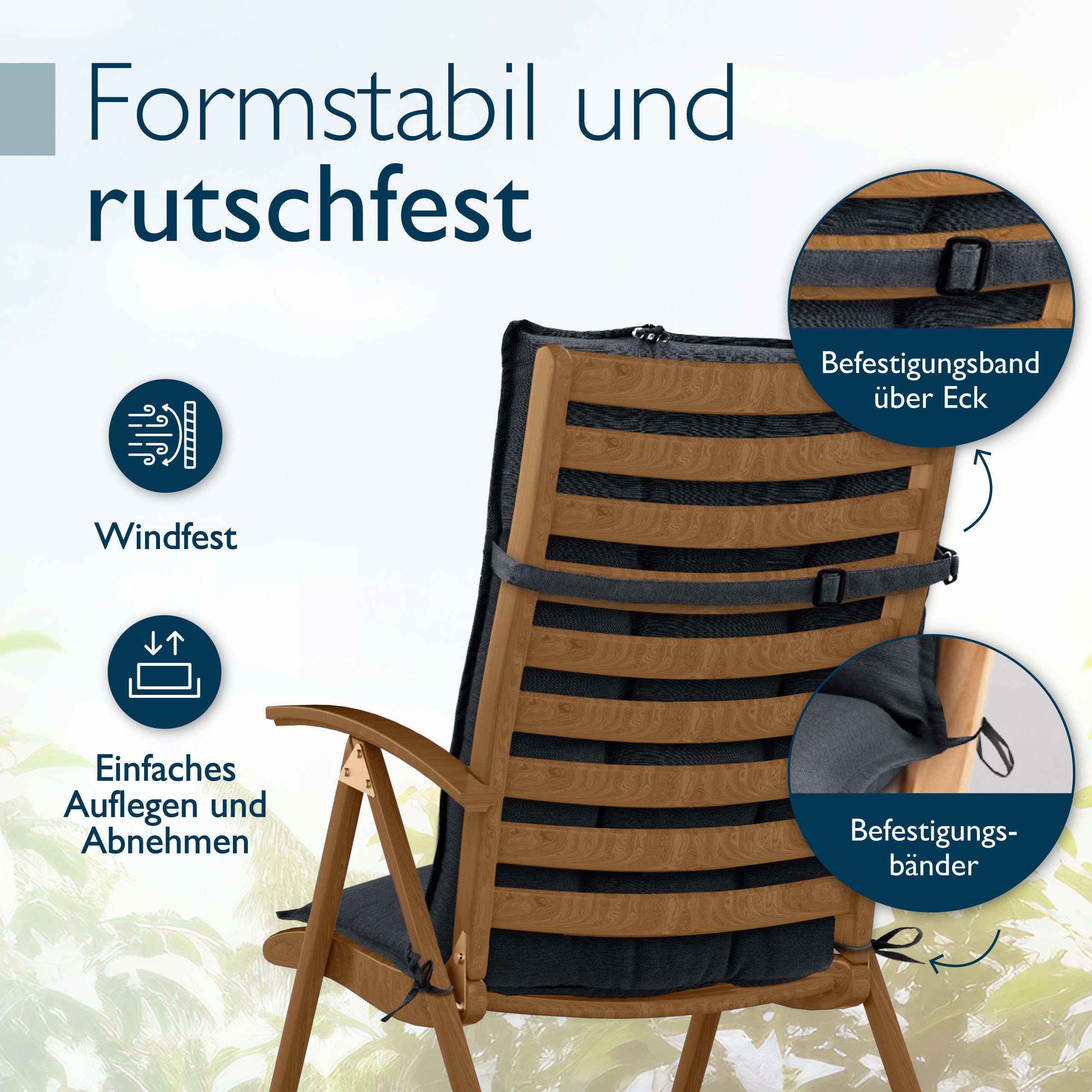 Beautissu Hochlehnerauflage 2er Set Sun-HL Hochlehner Auflage 120x50x8cm Anthrazit, Mit Kopfpolster, rutschfest & robust – Befestigungsbänder, UV 5