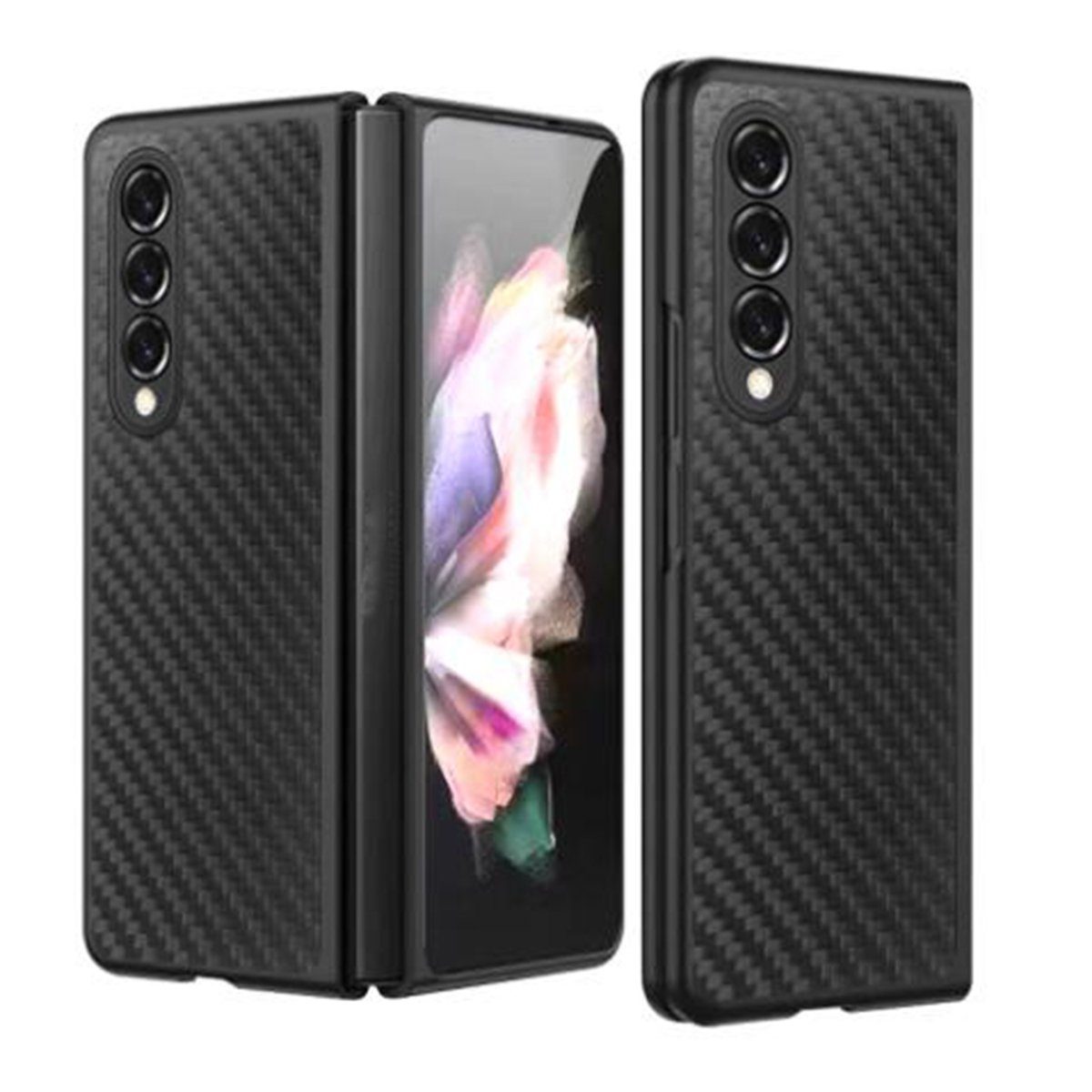 Wigento Handyhülle Für Samsung Galaxy Z Fold4 5G Carbon Kunststoff Handy Tasche Hülle Etuis Schwarz
