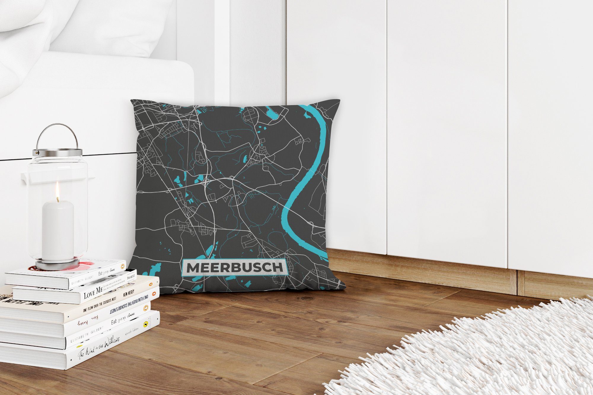 Füllung Schlafzimmer, Deutschland, - - Karte Wohzimmer, MuchoWow Meerbusch für Zierkissen Dekokissen Blau - - Sofakissen mit Deko, Stadtplan