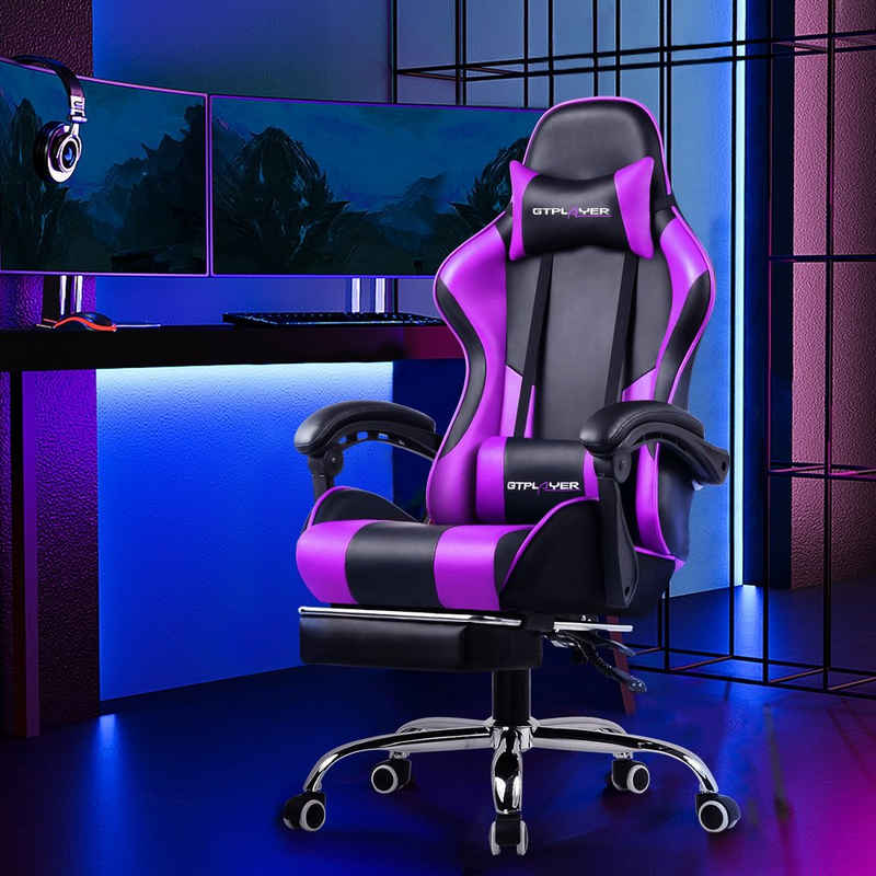 GTPLAYER Gaming-Stuhl mit Fußstütze und Massage-Lendenkissen Bürostuhl Zocker Stuhl, mit Verbindungsarmlehnen bis 120kg belastbar, Hohe Rückenlehne