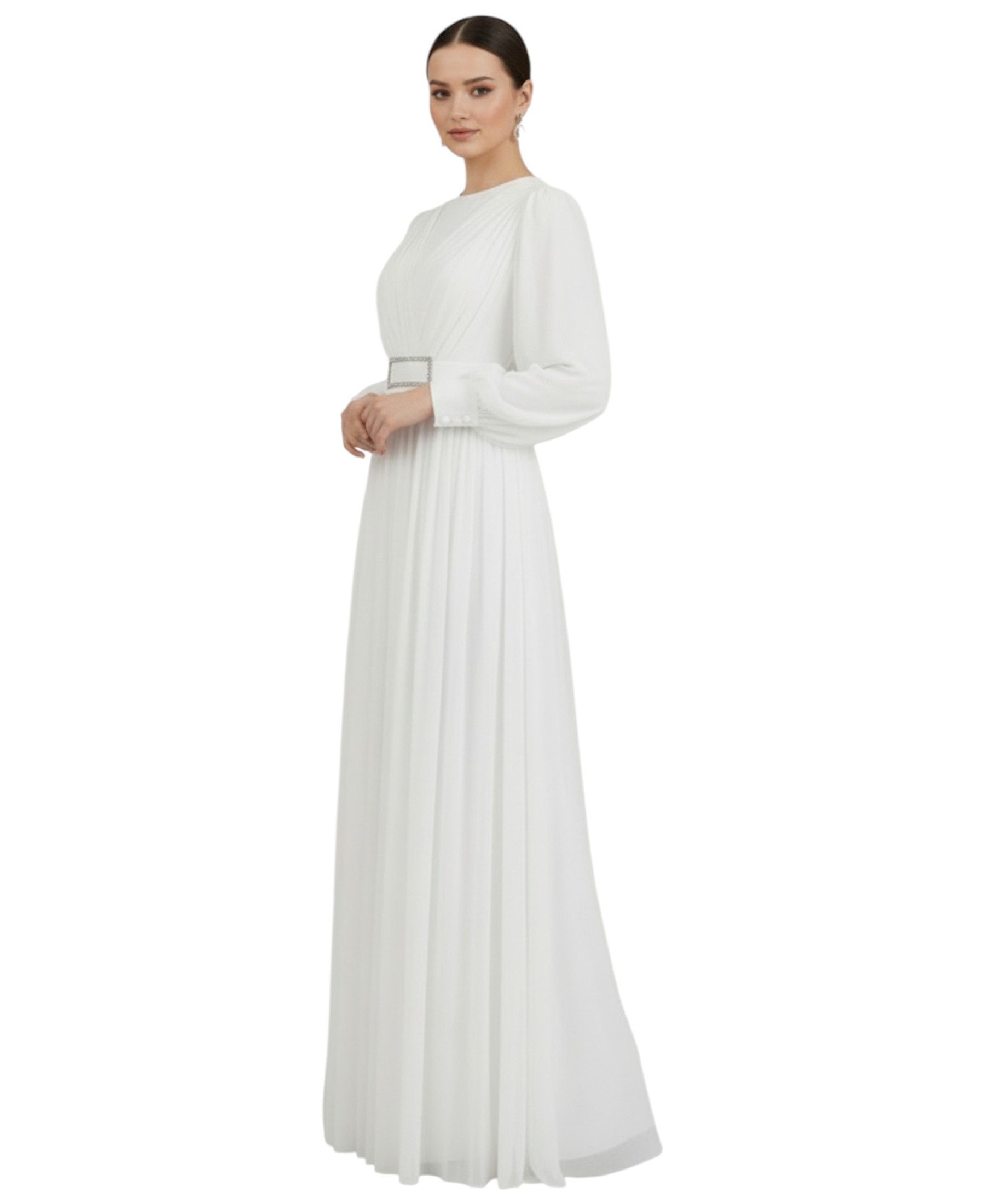 fashionshowcase Abendkleid Damen Maxikleid langarm Tüllkleid elegant mit Gürtel Modest Fashion Fließender Plissee-Rock mit taillierendem Gürtel