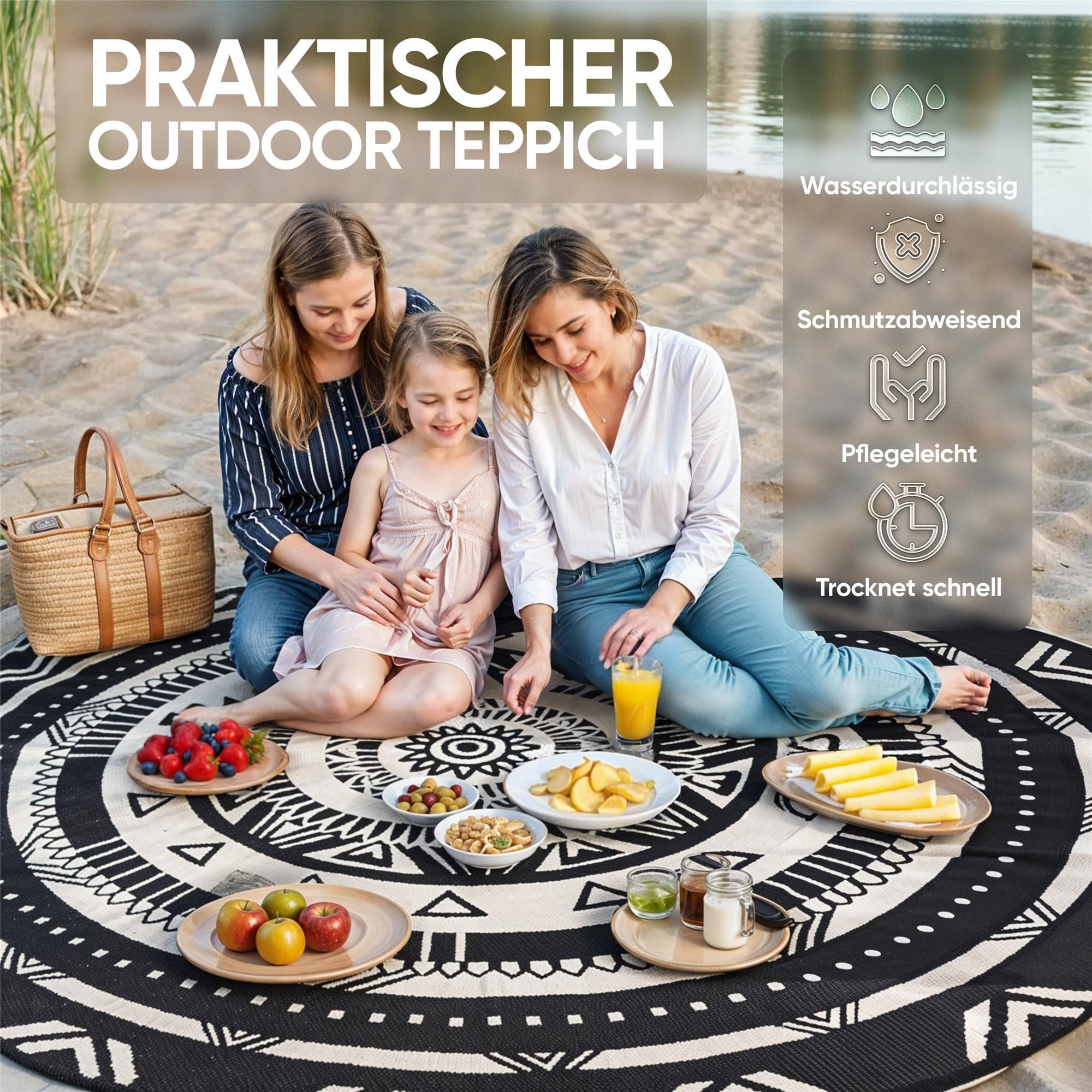 EVOCAMP Zeltteppiche Outdoor Picknick Teppich, Vorzeltteppich, wetterfest und leicht, Rund, schnelltrocknender Terassenteppich, UV-beständig, mit Tragetasche