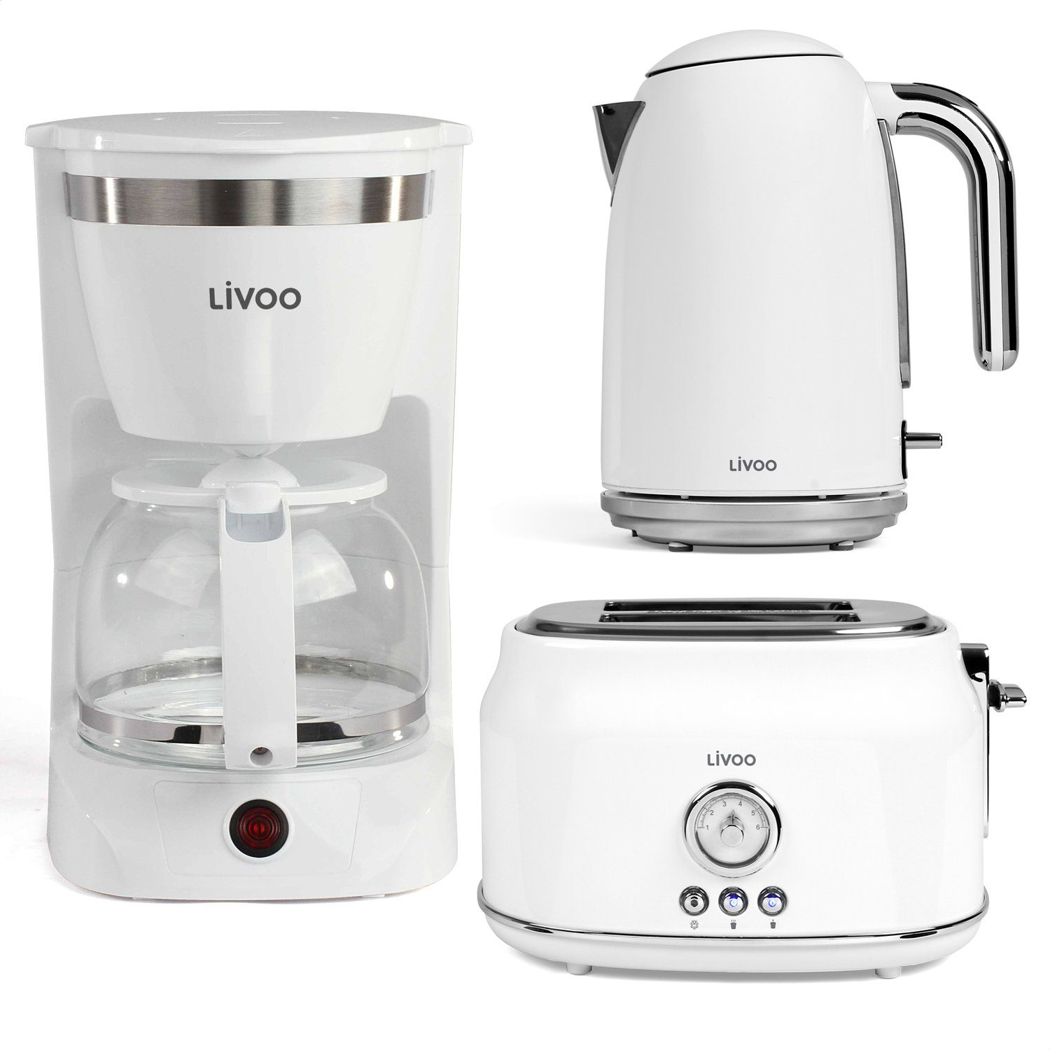 bmf-versand Filterkaffeemaschine Toaster Wasserkocher Kaffeemaschine Set  kabellos Frühstücks-Set Retro weiß