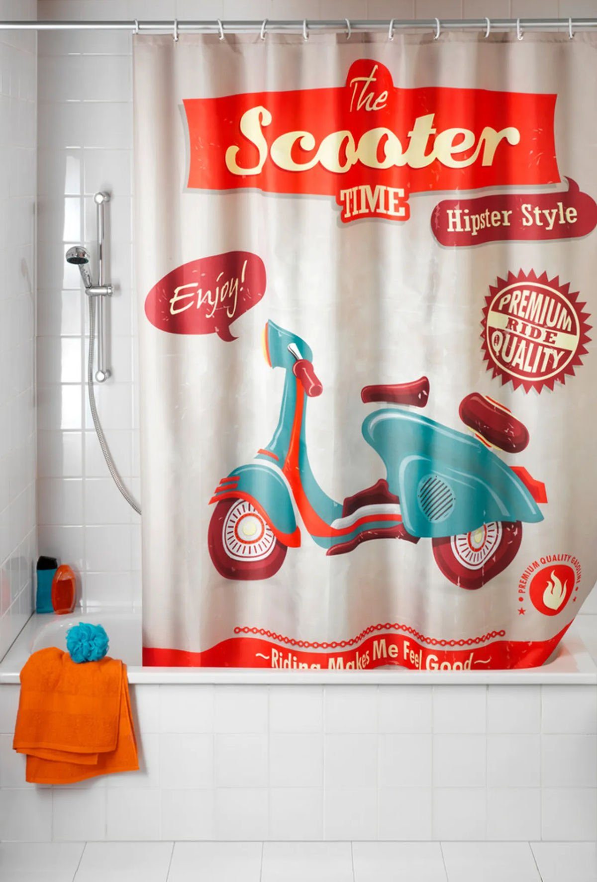 WENKO Duschvorhang Vintage Scooter 180x200 cm Breite 180 cm,  Badewannenvorhang Anti-Schimmel-Effekt