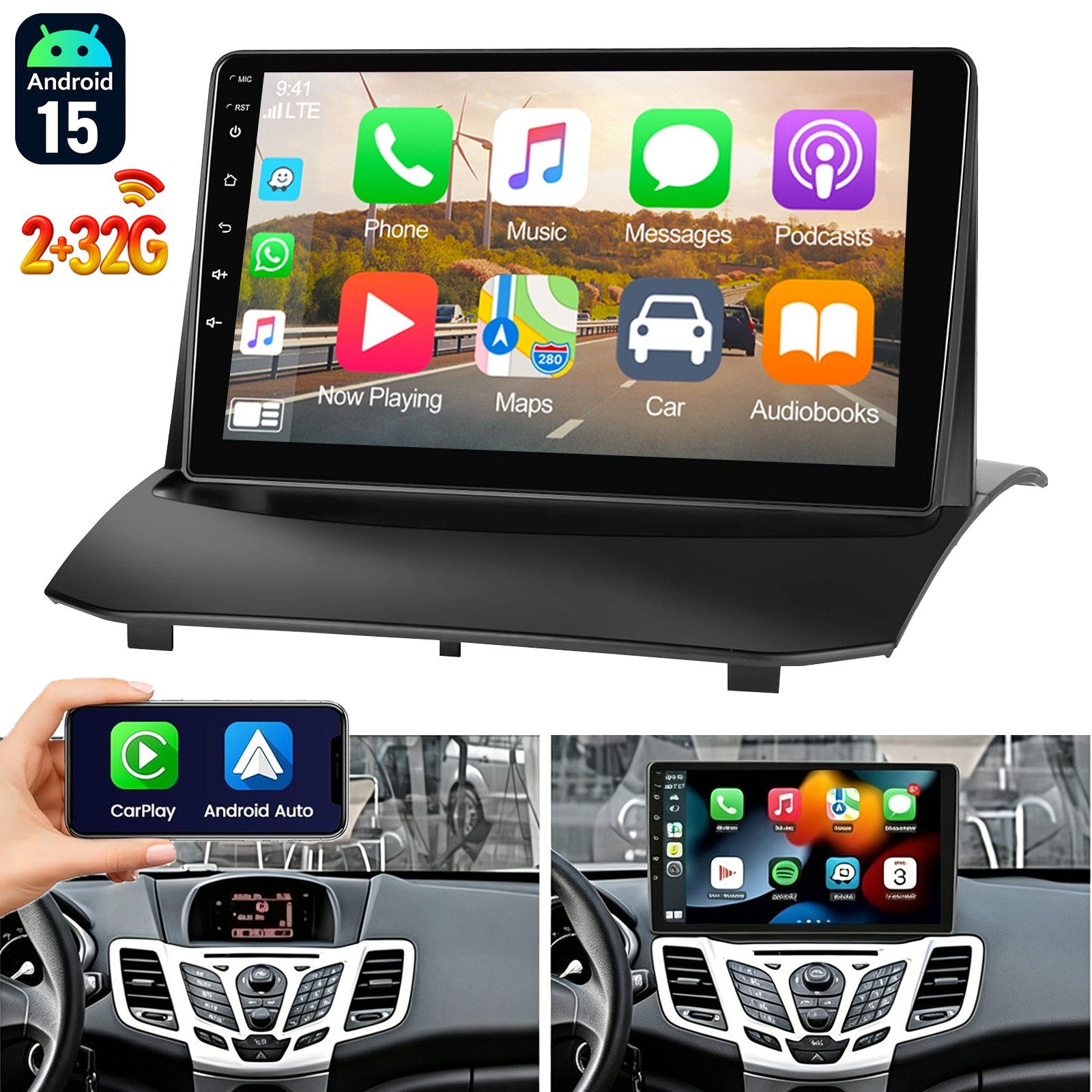 ESSGOO DAB+ Android 15 Autoradio GPS Navi WIFI Für Ford Fiesta MK6 2009-2017 Autoradio (4+64GB(optional), FM, AM, DAB+ (optional), Apple Carplay & Android Auto,Bluetooth EQ USB Touchscreen SWC)