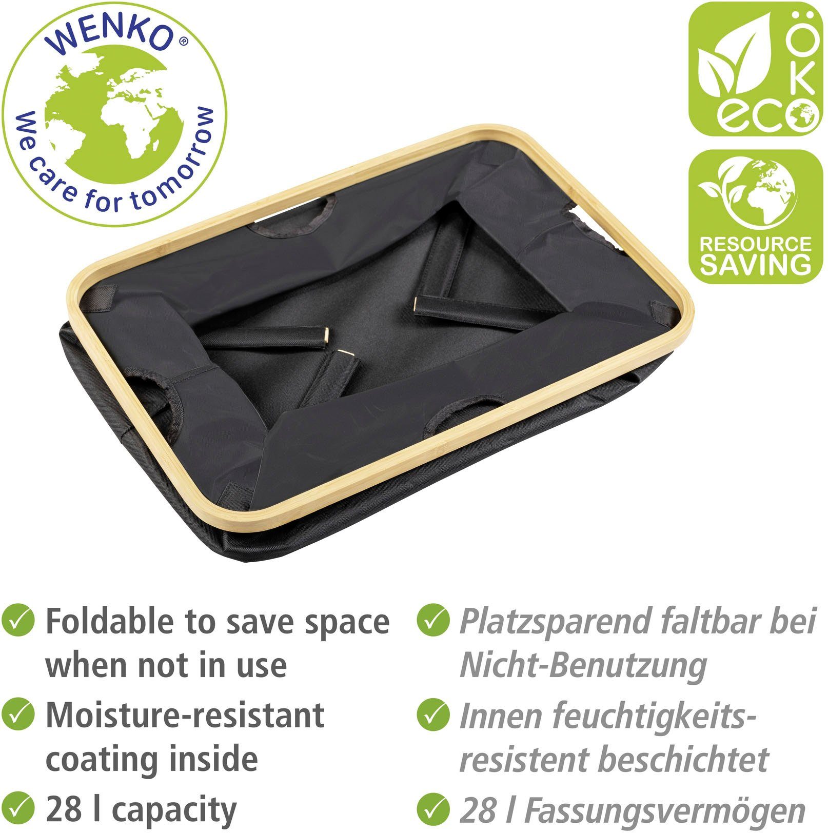 WENKO 100% Wäschekorb 2 St), (Set, Polyester,Rahmen faltbar Bambus FSC®-zertifiziertem recyceltem Ecori, Textilien