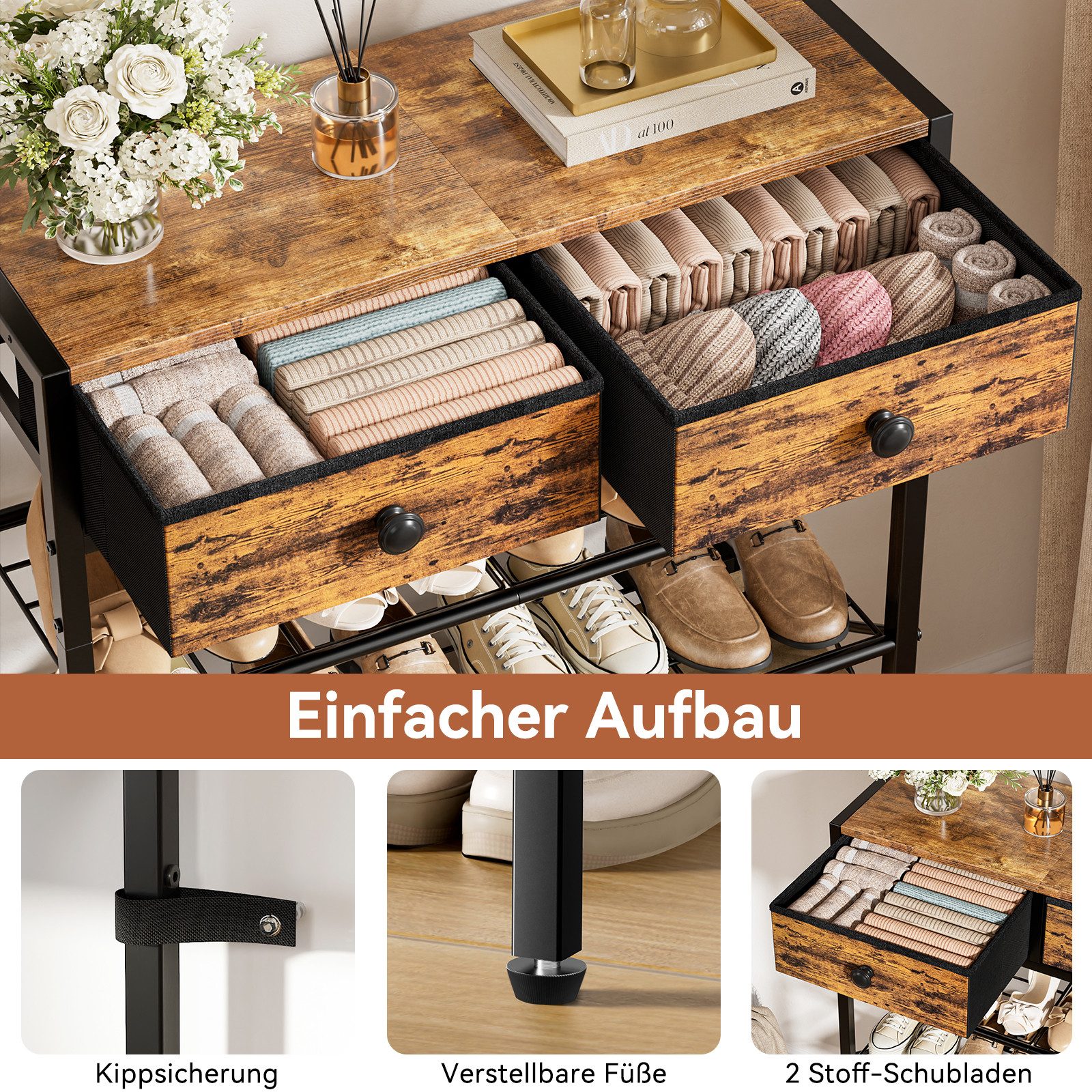 FABATO Schuhregal 5-stufiger Schuhorganizer mit 2 Vliesstoff-Schubladen & Holzplatte, 1-tlg., für Diele, Flur oder Kleiderschrank in Rustikal Braun – Bild 5 von 5