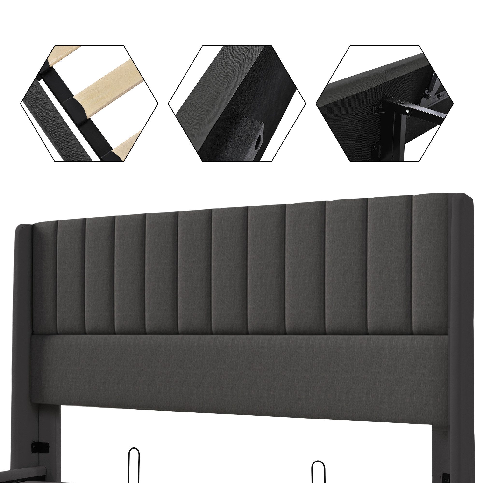 Luckice Upholstered Bed Storage Bed Hydraulic Double Bed 180x200cm (Slatted base made of wood, bed with slatted base made of metal frame)