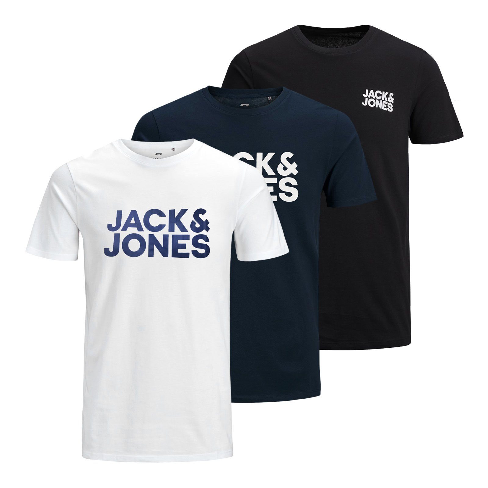Jack & Jones T-Shirt Corp Logo Tee SS O-Neck 3PK mit zwei unterschiedlichen Drucken
