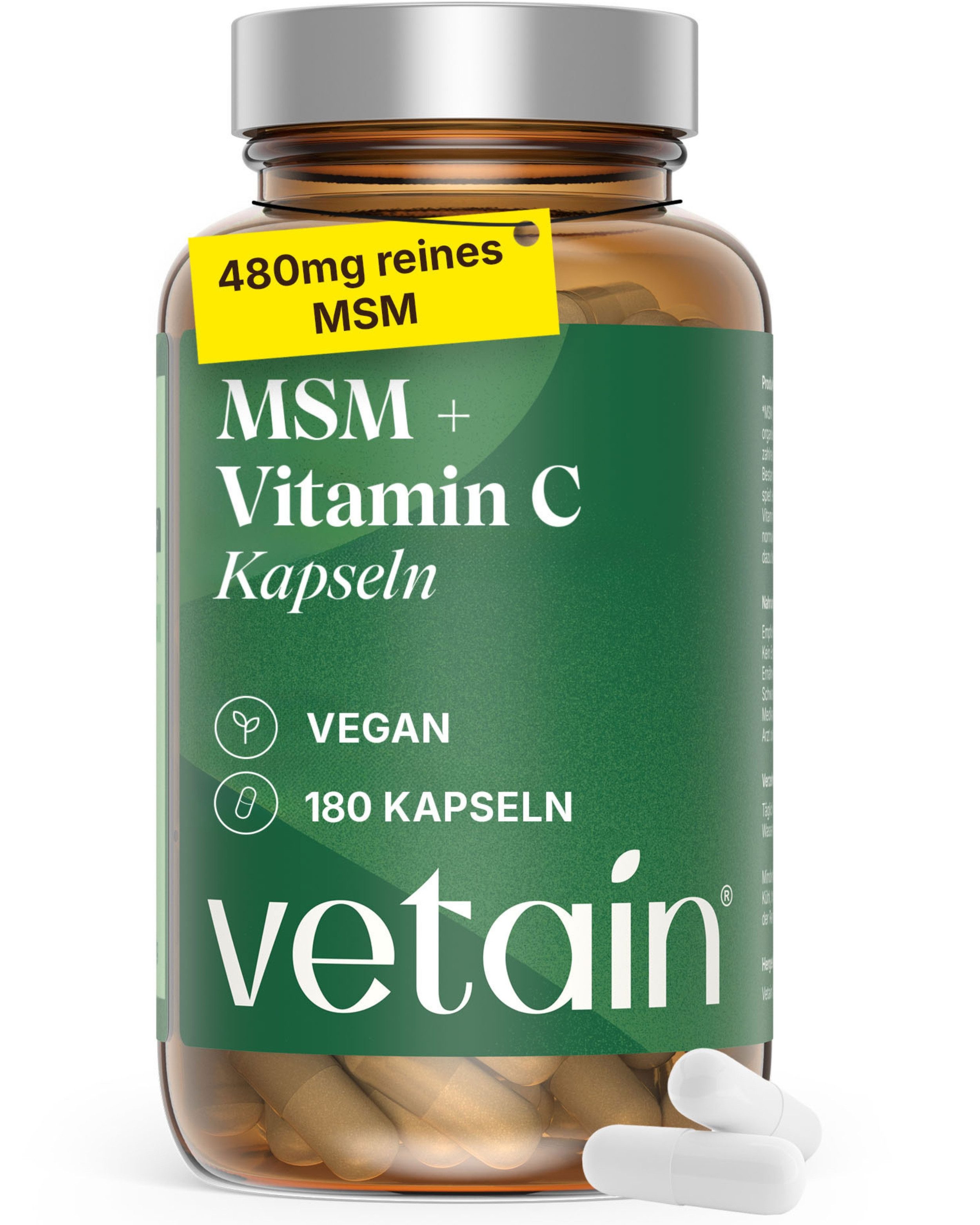 VETAIN MSM 1800mg + 300mg Vitamin C - hochdosiertes Methylsulfonylmethan Kapseln, 180 St., Vegan & ohne Zusätze