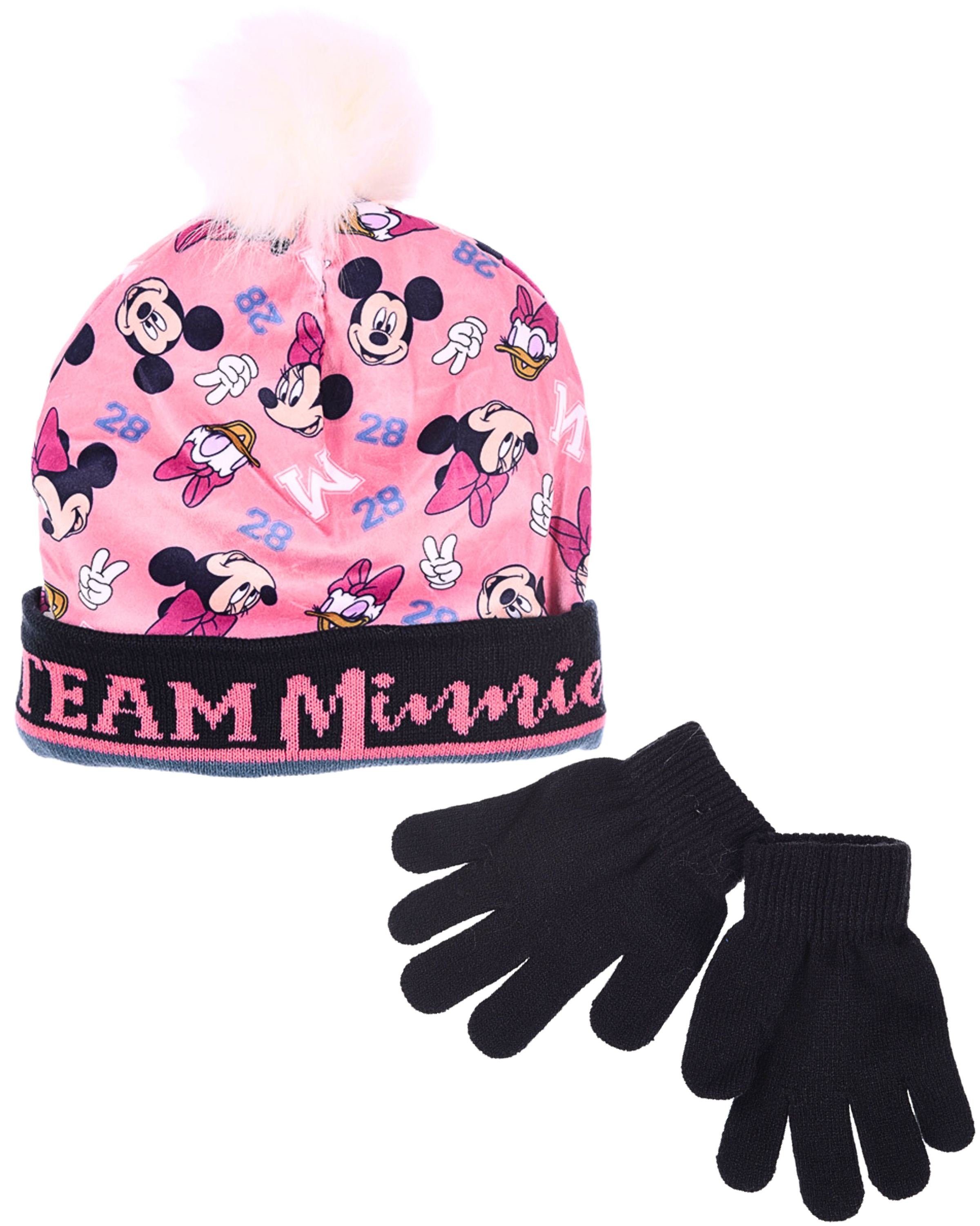 Disney Minnie Mouse Bommelmütze TEAM Minnie (2-St) Set mit Handschuhen - Wintermütze für Mädchen Gr. 52,54 cm Rosa-Dunkelblau