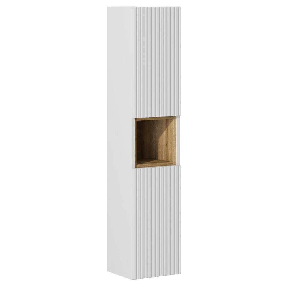 Lomadox Hochschrank NEWPORT-56-WHITE Weiß Rillen 30 cm breit Fach in Eiche Dekor grifflos Softclose Türen