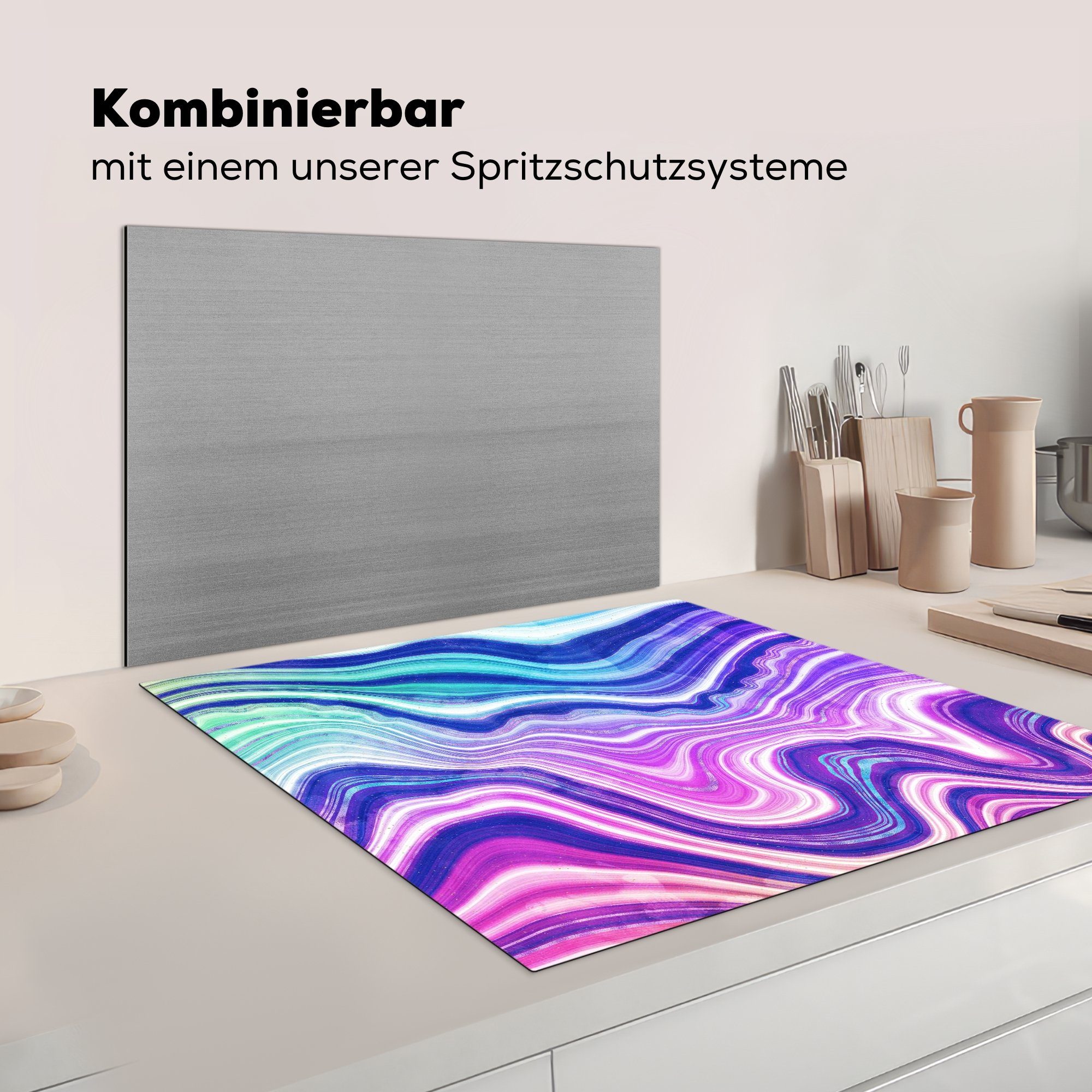 - 78x78 Vinyl, Herdblende-/Abdeckplatte (1 Blau für cm, Weiß, Marmor Ceranfeldabdeckung, tlg), - MuchoWow küche Arbeitsplatte