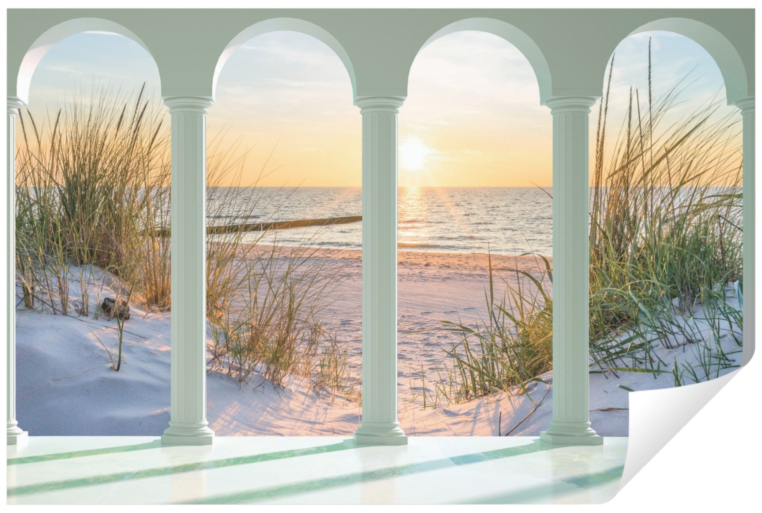 Wallarena Fototapete 3D EFFEKT Strand Terrasse Sand Meer Fenster Wohnzimmer günstig online kaufen