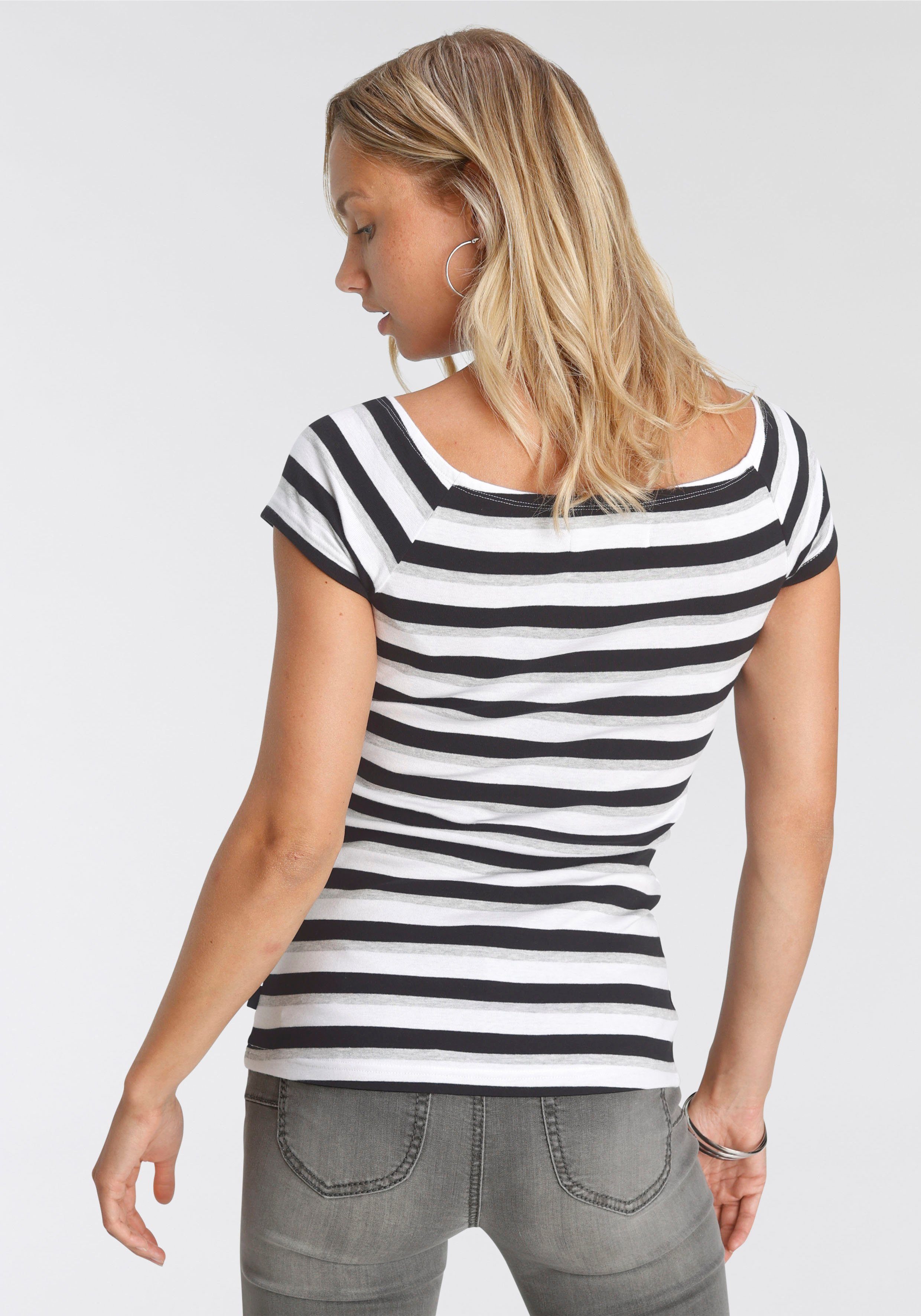 Carmenshirt Arizona Off-Shoulder variabel tragbar grau-schwarz-weiß