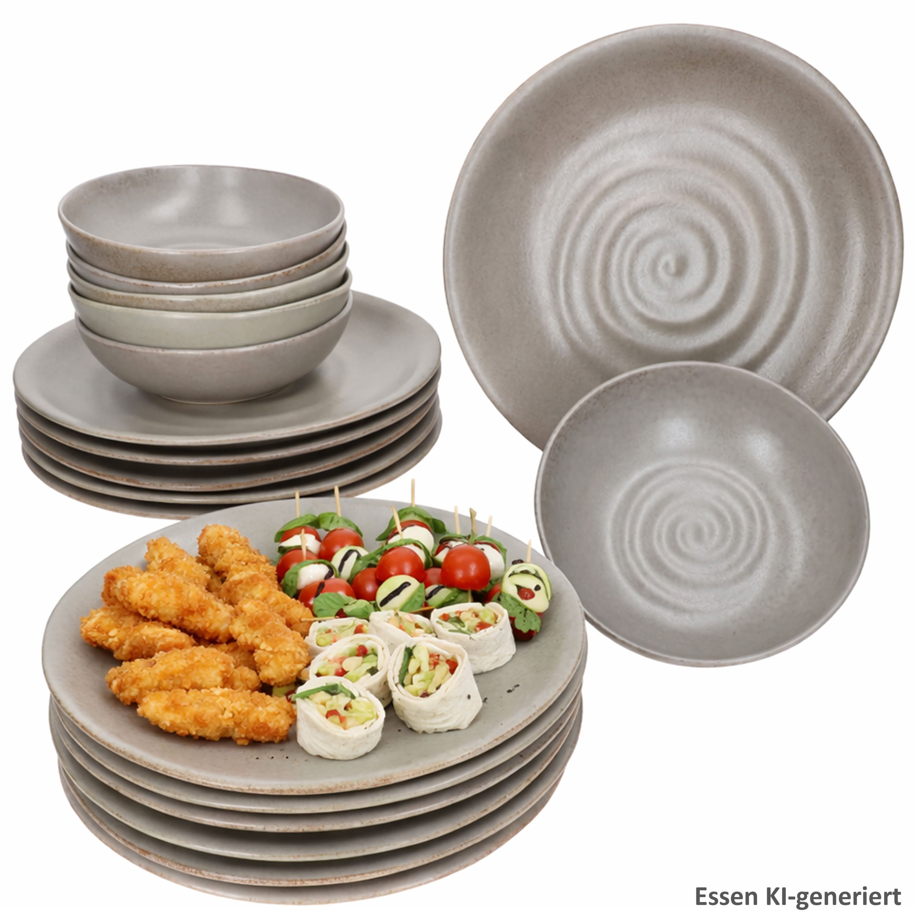 MamboCat Teller-Set Clay Grau 18tlg Tellerset Steingut mit Strudel-Dekor 6 Personen, Steingut