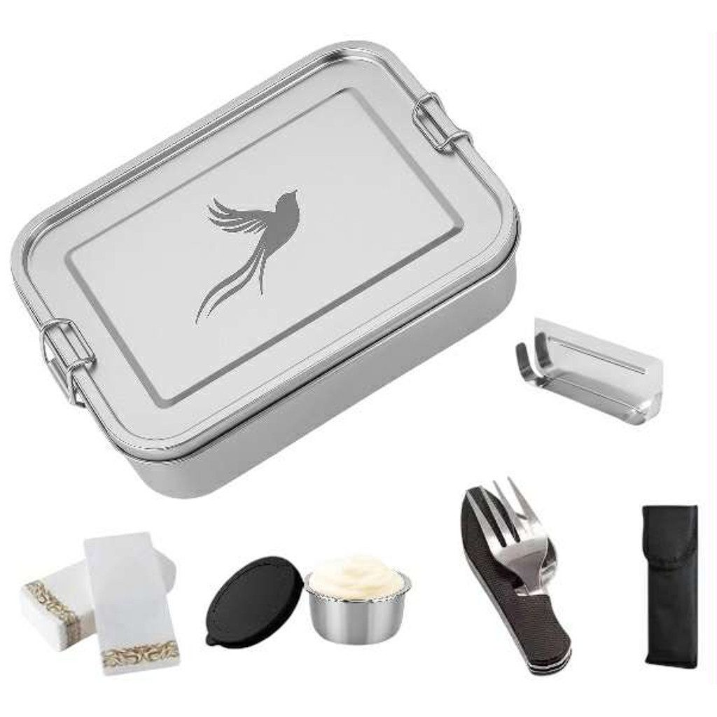 Little Lorien Lunchbox Brotdose Edelstahl 1200ml, 2 Fächer, Besteck, Trennwand & Servietten, Edelstahl, (5-tlg., 1 Brotdose, 1 Trenner, 1 Campingbesteck, 10 Papierservietten, 1 Sauce-Dose), Wiederverwendbar,auslaufsicher,Campingbesteck,Edelstahl,leicht,ru