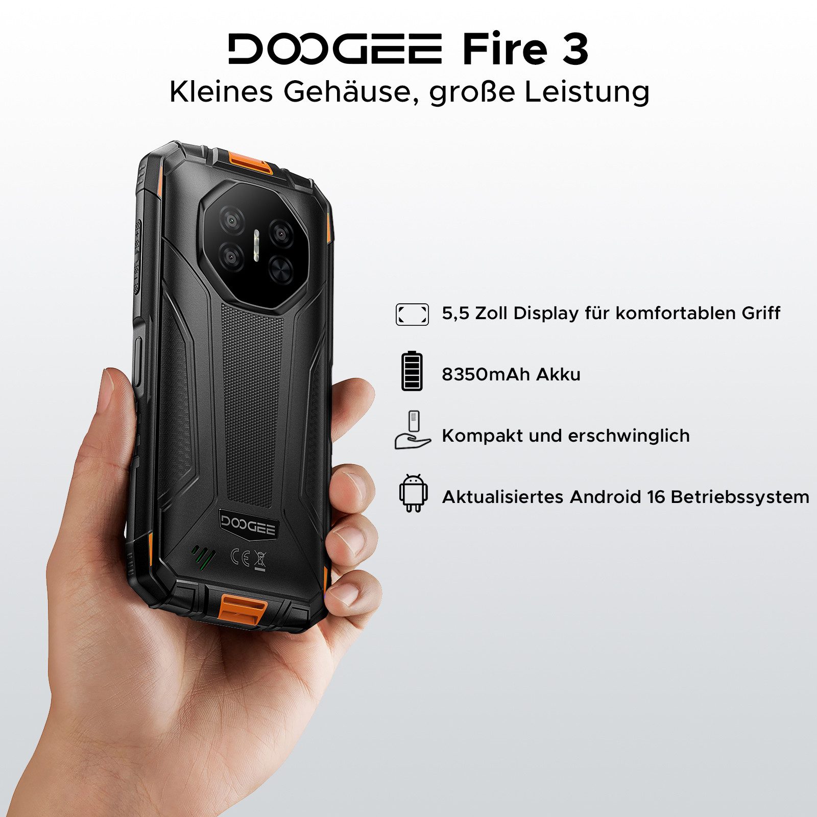 DOOGEE Fire 3 Outdoor Smartphone, 8350mAh, 3GB+64GB, Android 15 Ohne Vertrag Smartphone (5.5 Zoll, 64 GB Speicherplatz, 13 MP Kamera, 5.5" IP68 Baustellenhandy, 13MP Kamera, NFC, Face ID, Octa Core)