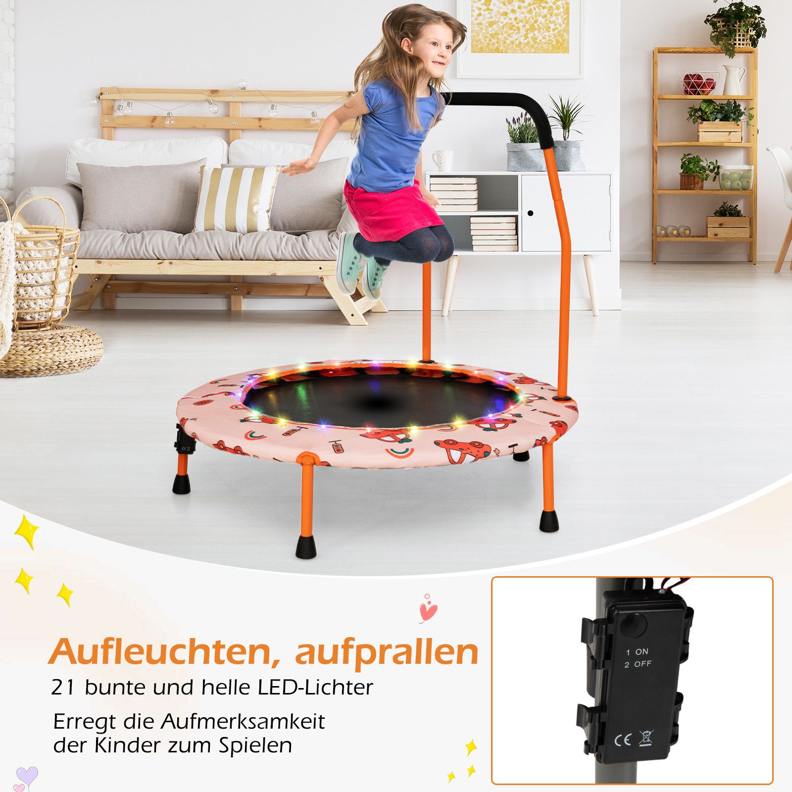 COSTWAY Kindertrampolin, φ92 cm mit LED & Griff