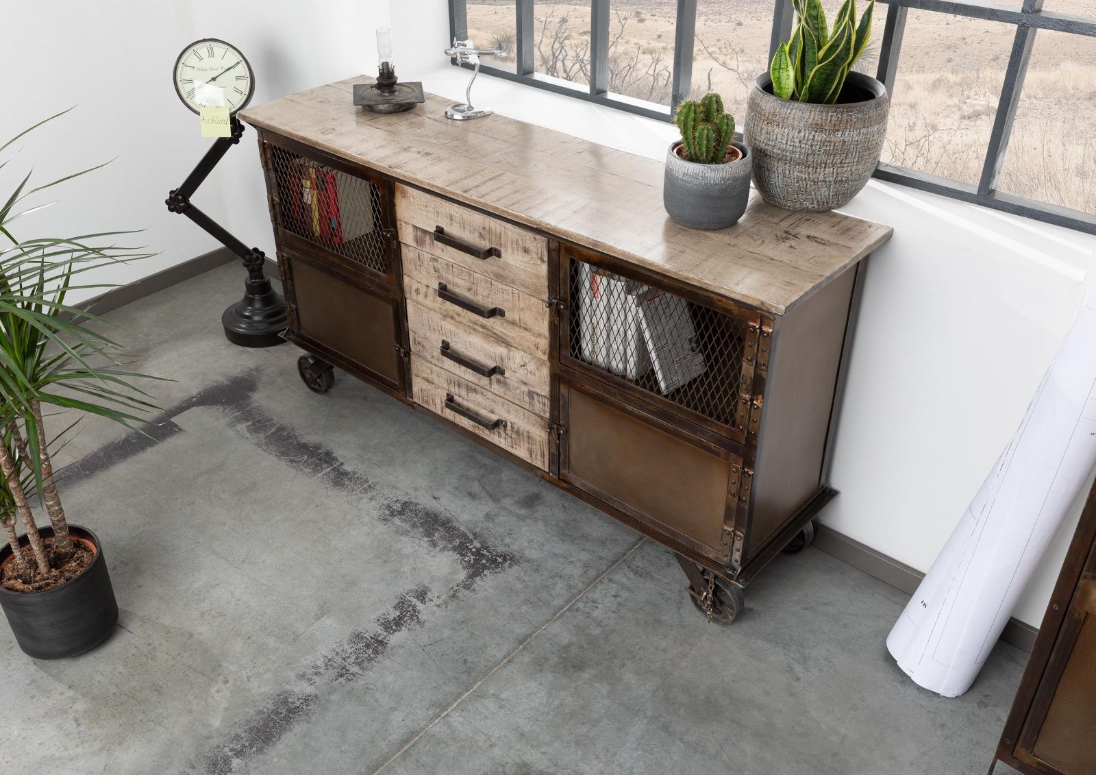 Massivmoebel24 Sideboard HEAVY INDUSTRY (Massivholz), Sideboard Mango 153x40x80 braun lackiert HEAVY INDUSTRY #253
