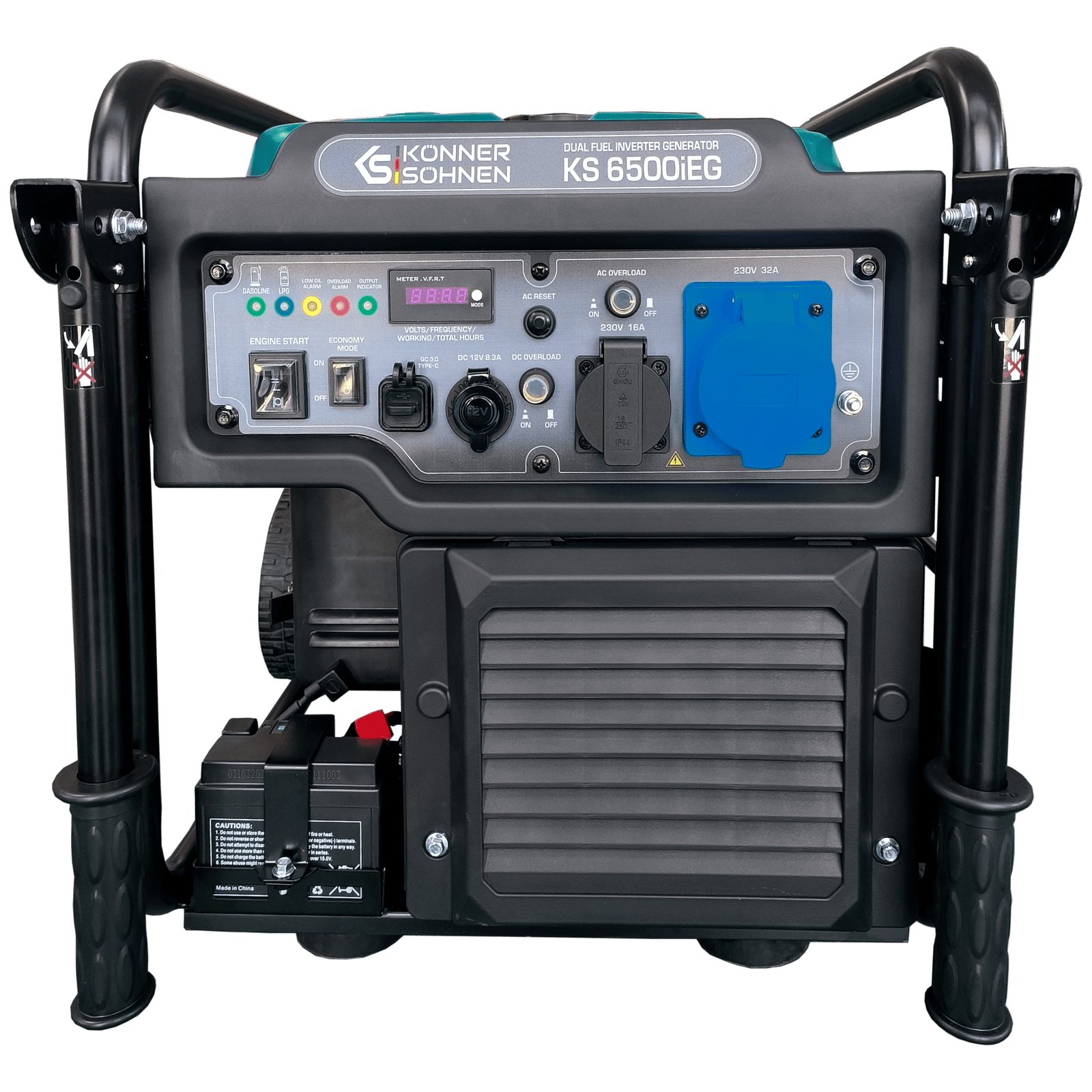Könner & Söhnen Stromerzeuger KS 6500iEG, 6,5 in kW, (Hybrid Inverter Stromerzeuger (Benzin/LPG) mit Sinuswelle, 1-tlg., 6500W Max, E-Start, 230V (16A/32A), Reine Sinus, 17L Tank), Dual Fuel LPG/Benzin, 32A CEE-Dose, USB QC 3.0, Inkl. Räder