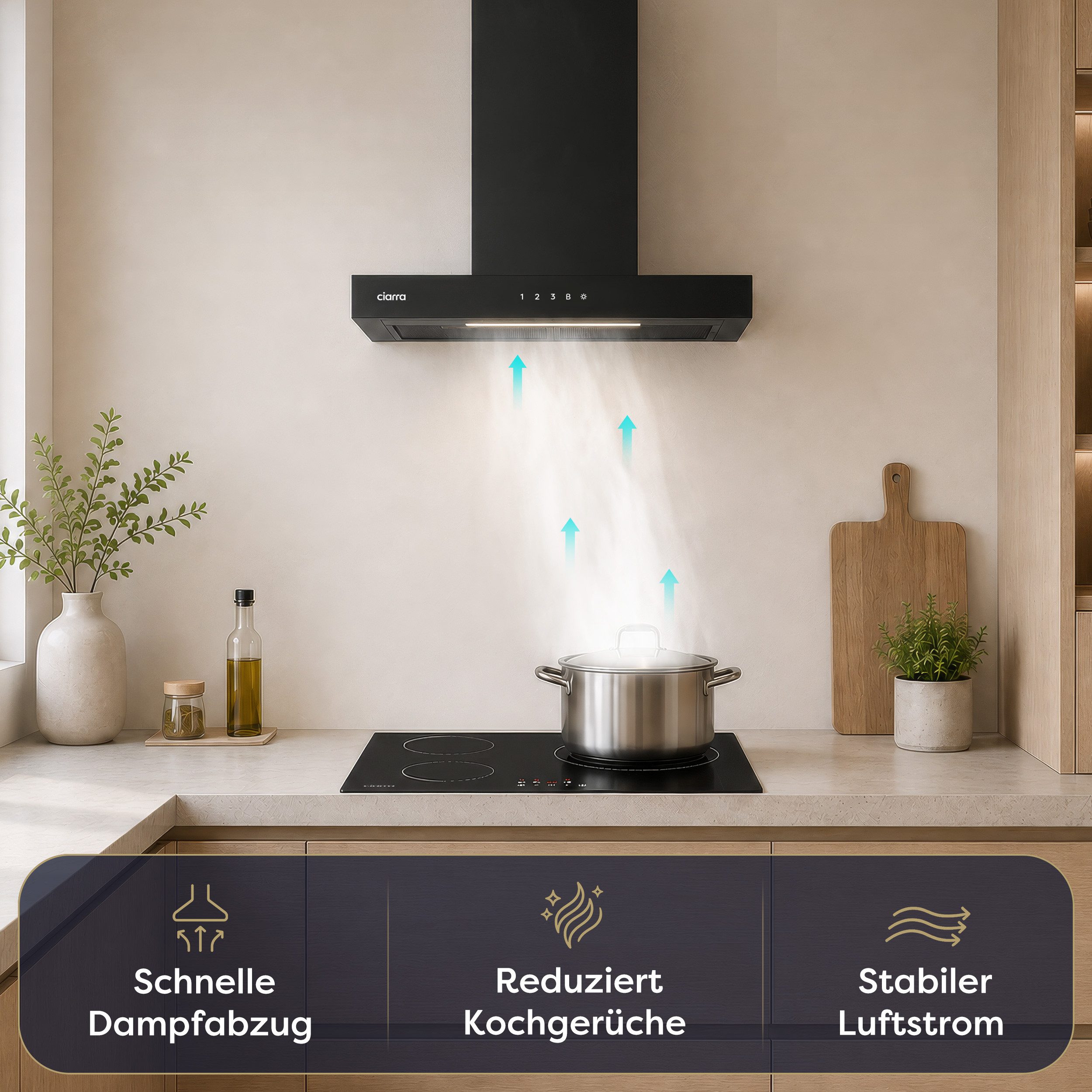 CIARRA Wandhaube 60 cm Dunstabzugshaube A+++ 706 m³/h Umluft & Abluft 4 Stufen CBCB6102 Aktivkohlefiltern, Fettfiltern, LED, WIFI-APP Touch Control mit BOOST
