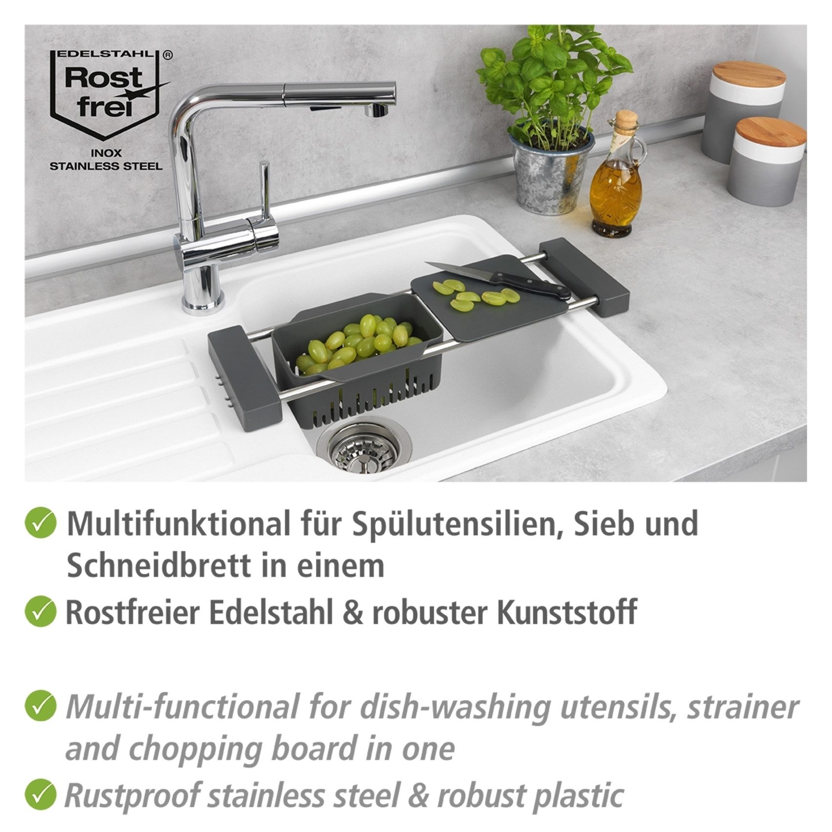 WENKO Zubehöraufbewahrungsständer Modell Cami, multifunktionaler Spülen-Caddy, ausziehbar, Kunststoff/Edelstahl – Bild 3 von 5