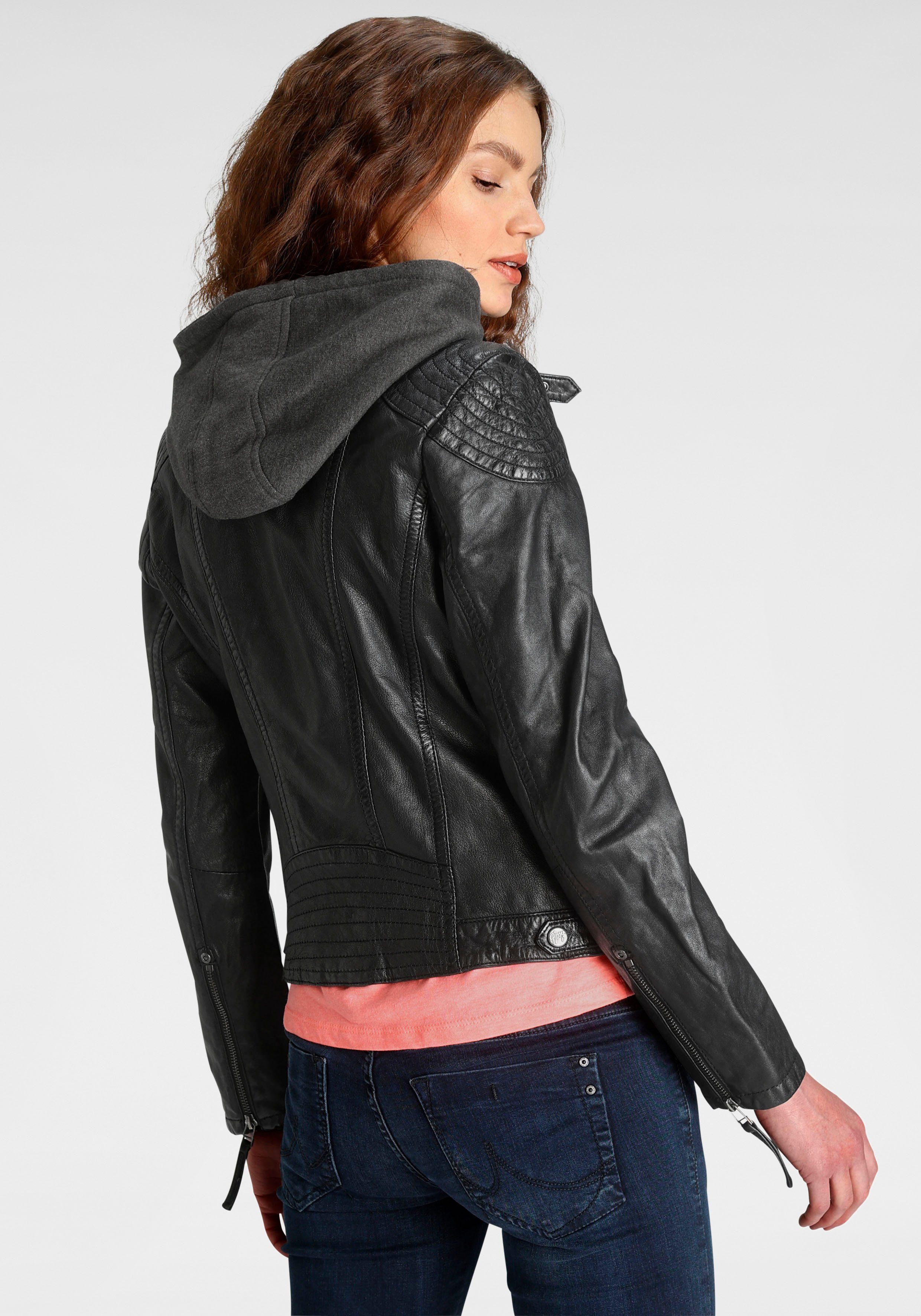 Gipsy Lederjacke black Biker-Details CASEY Kapuzen-Sweateinsatz abnehmbarem mit aufwendigen &