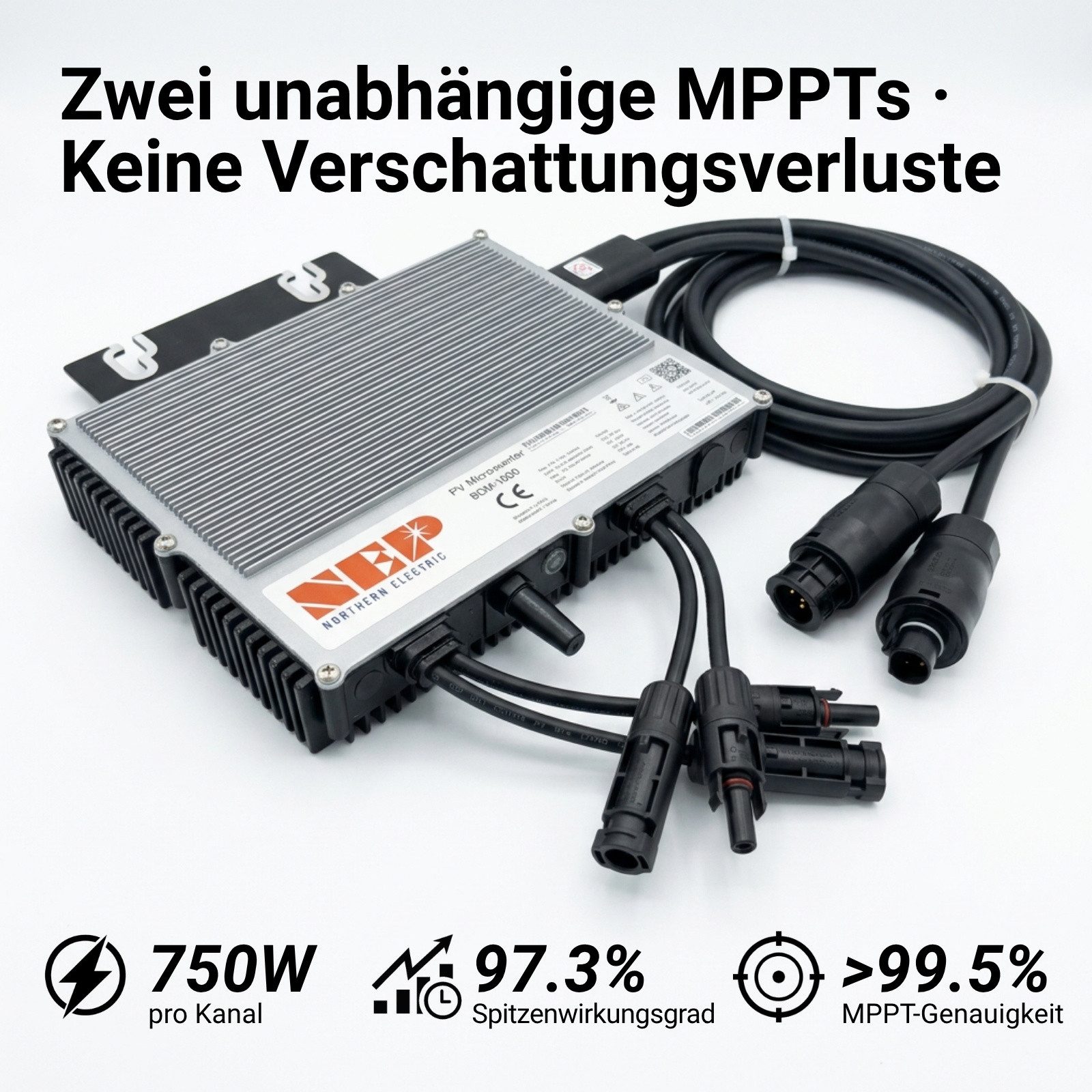 NEP Balkonkraftwerk Wechselrichter BDM-1000, 1000 W, 2x MPPT, 97.3% eff., IP67, Wi-Fi/PLC, Plug&Play
