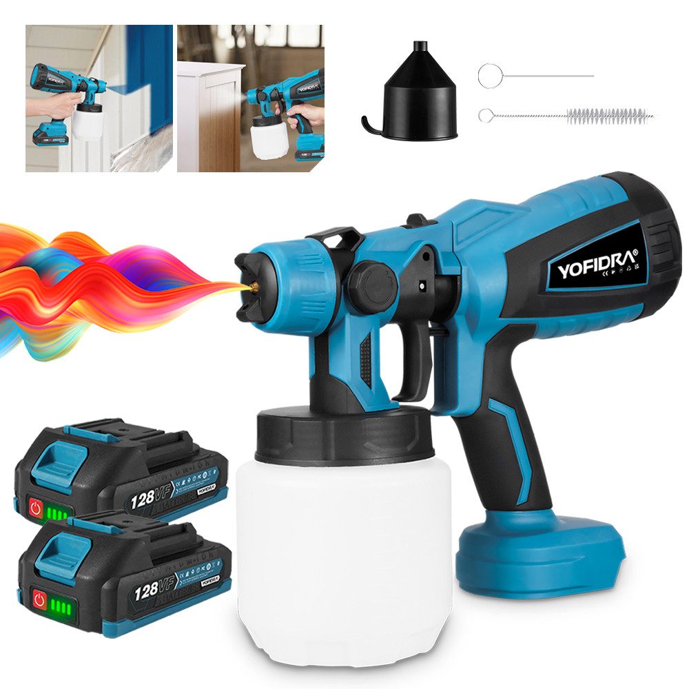 Yofidra Farbsprühgerät Akku-Farbsprühsystem 1000 ml Farbsprühgerät Elektro Lackierpistole, mit 2x 1500mAh Akku, 3 Spritzmuster für Wände,Möbel,Zäune