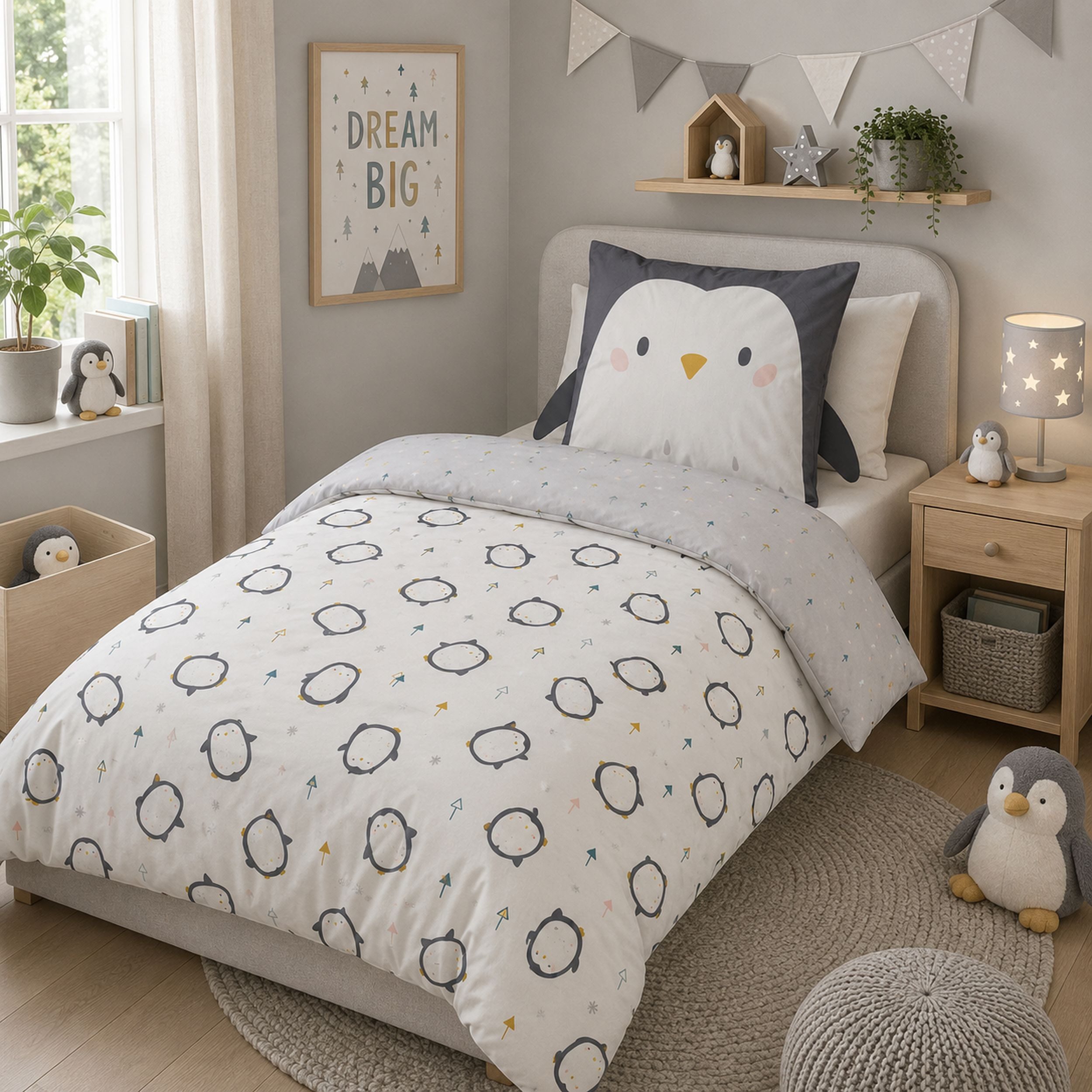Familando Kinderbettwäsche Sweet Penguin 135x200 80x80 cm Bettwäsche Pinguin mit Flügel, Renforcé, 2 teilig, mit liebevollem Motiv & süßen Details für Mädchen und Jungen