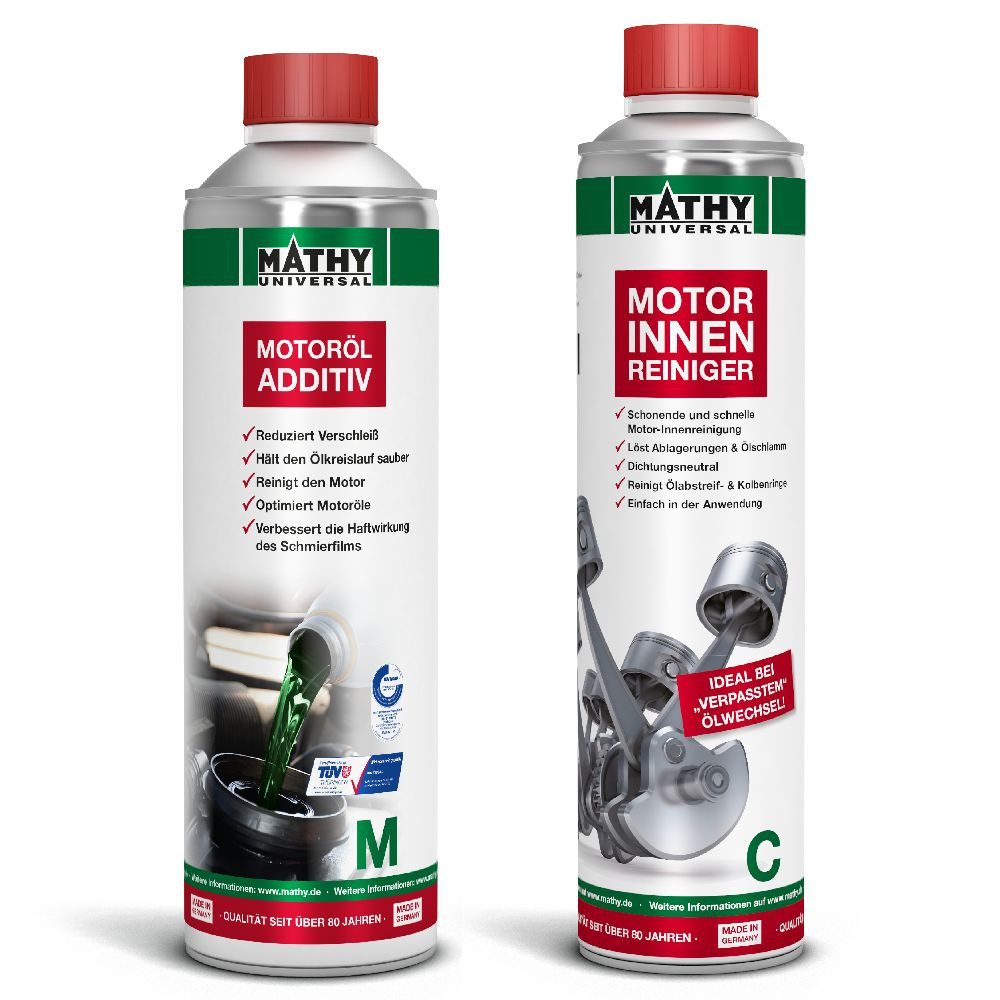 MATHY Öl-Additiv MATHY Motor-Reinigungs-Set, 0,9 l, (Spar-Set, 2-St., 1 x MATHY-M + 1 x MATHY-C) Motor-Innenreinigung + langfristiger Verschleißschutz