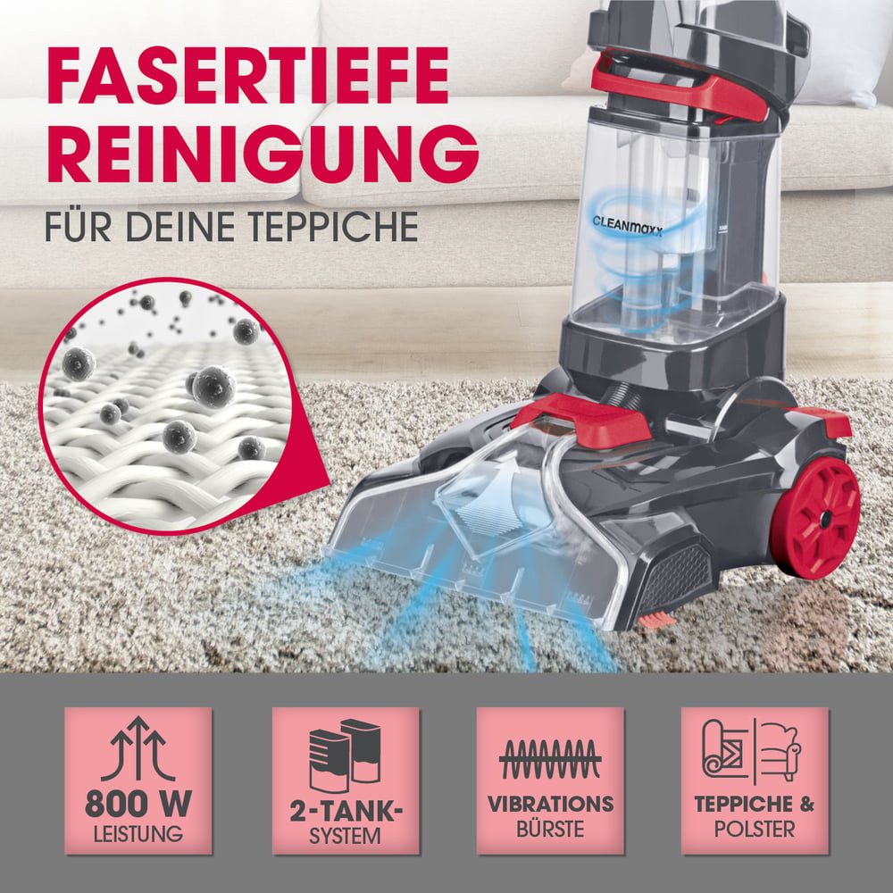 CLEANmaxx Teppichreinigungsgerät Teppichreiniger AquaStream Plus 3 in 1: waschen, reinigen, absaugen, 800 W, 800W grau/rot Professional mit Teppichshampoo & Ersatzbürste