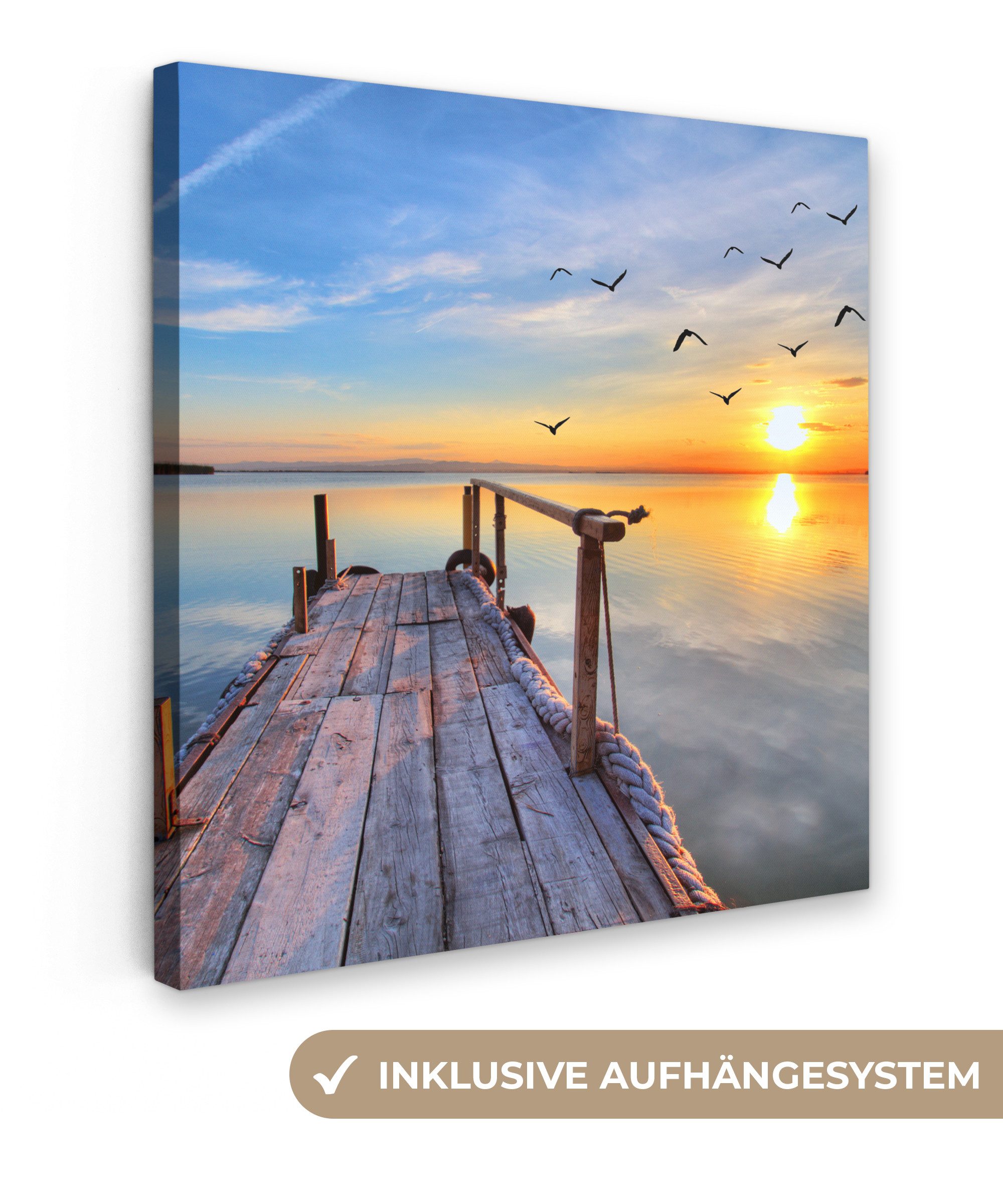 OneMillionCanvasses® Leinwandbild Wasser - Steg - Vögel - Sonnenuntergang - günstig online kaufen
