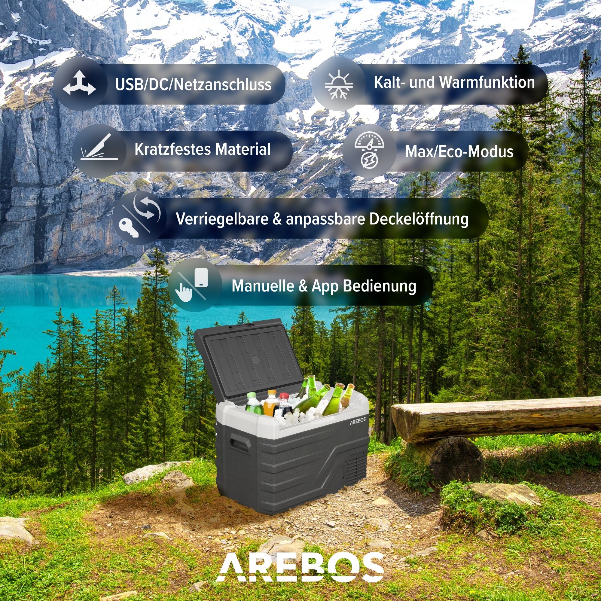 Arebos Kühlbox Gefrierbox 26-43L, Mobiler Kompressor-Kühler mit App-Steuerung, Ablassschraube zum Wasserentfernen