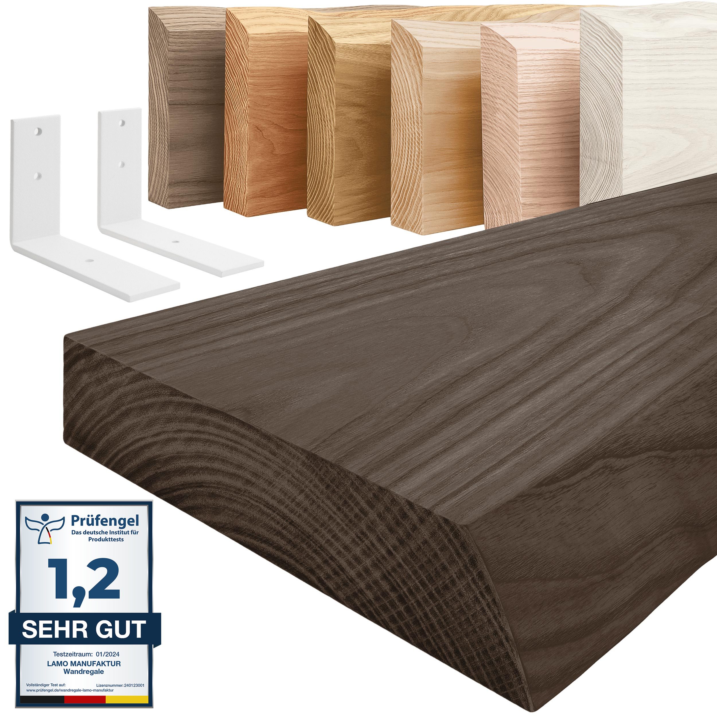 LAMO Manufaktur Wandregal Holz Baumkante Regal Farbe: Schwarz mit weißem Basic Regalträger 40 cm, Komplett-Set, 40mm stake Massivholzplatte