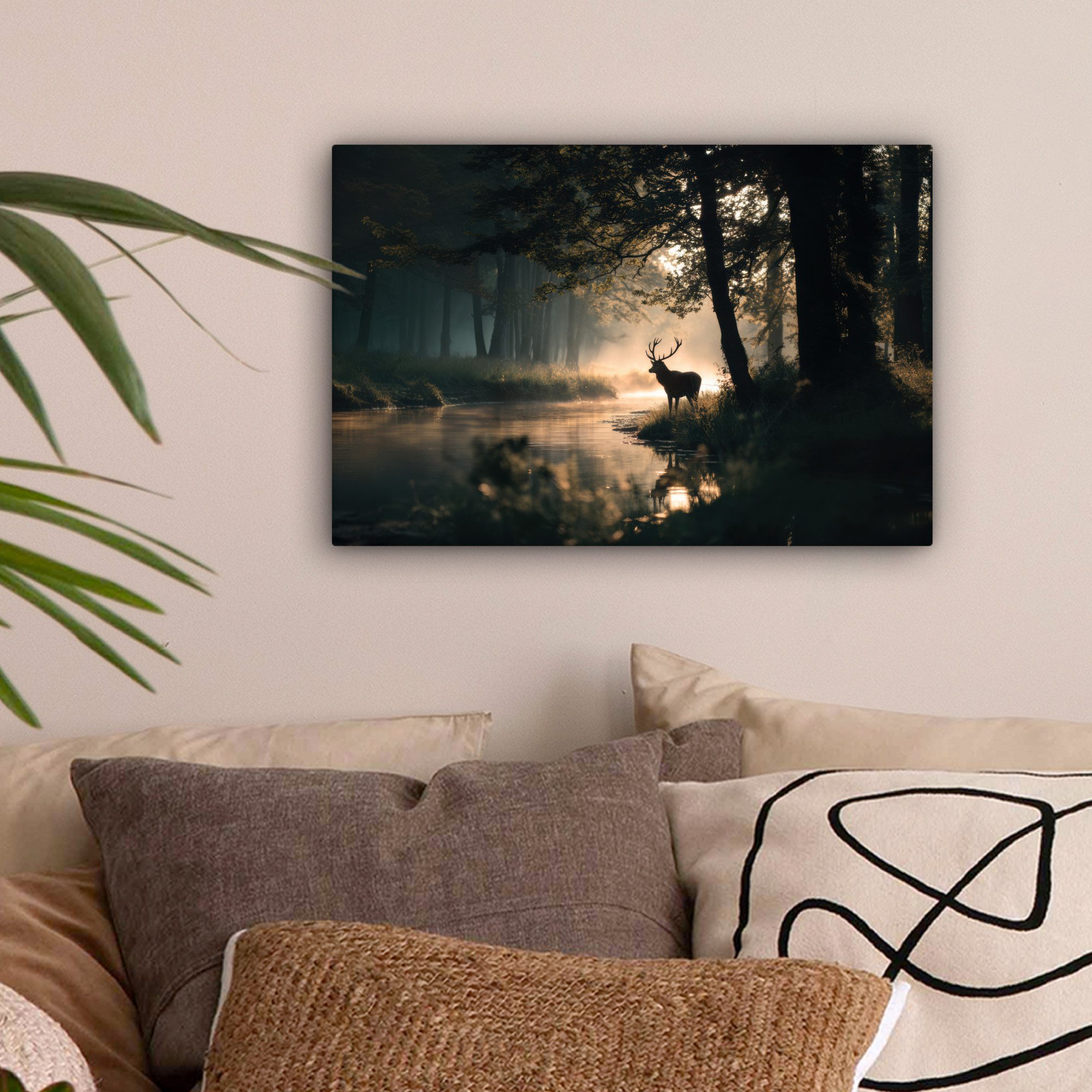 OneMillionCanvasses® Leinwandbild Hirsche - Waldbach - Mystisch, Fotodruck günstig online kaufen