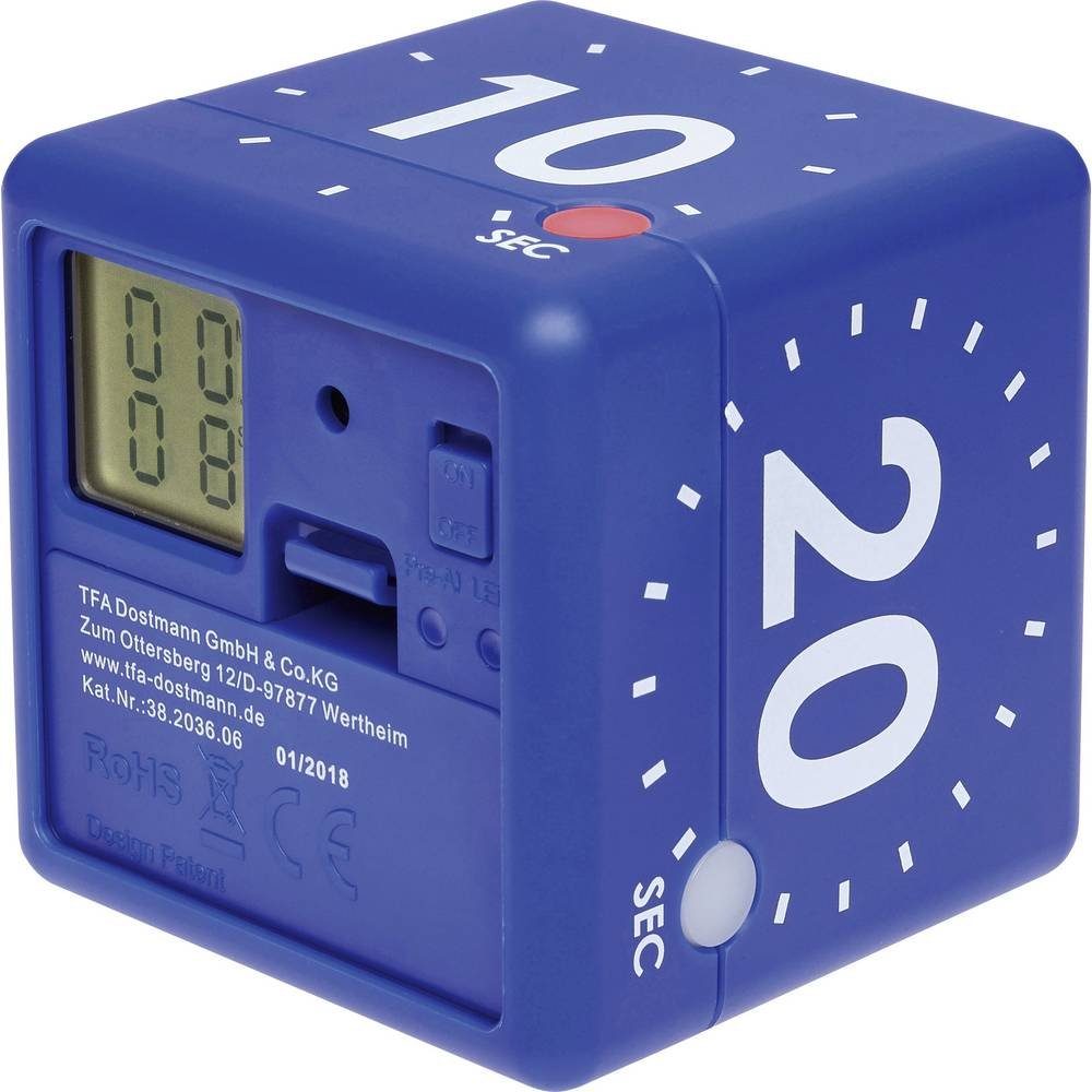 TFA Dostmann Intervall-Timer TIMER Digitaler Würfel-Timer 38.2036.06, 4 Timerzeiten, Extra lauter Weckton